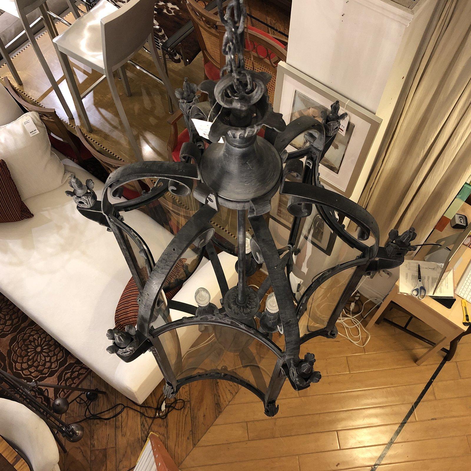 A 4ft, 19th century Salerno streetlight pendant by Restoration Hardware. The Salerno Pendant is an updated version the 19th century Italian gas streetlights that once lighted the Amalfi Coast. Ornate metal frame in a weathered zinc finish, six