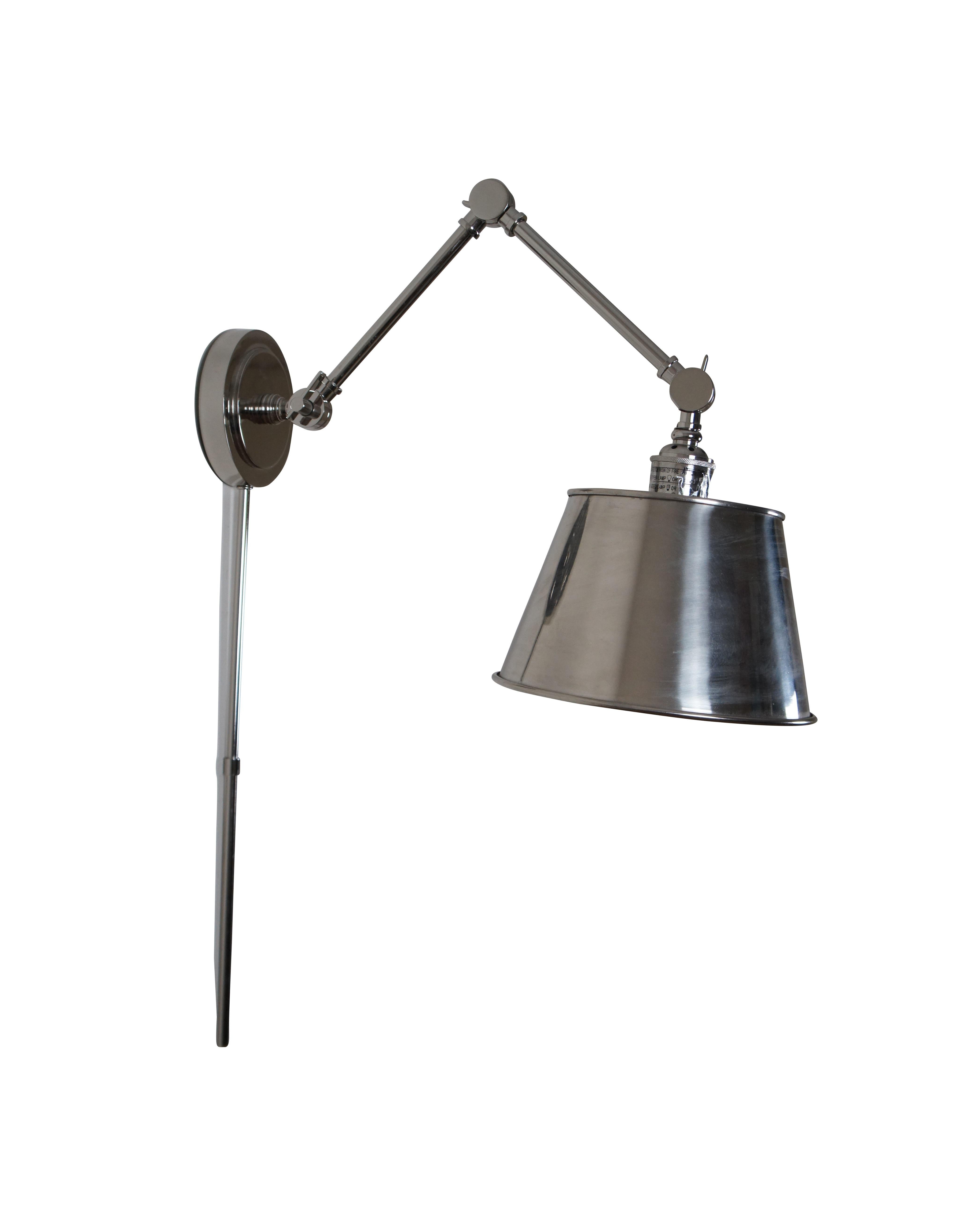 Vintage Industrial style Restoration Hardware swing arm, plug in, wall sconce / desk light finished in polished nickel with slightly tapered cylindrical shade and cord cover. Elbows on adjustable arm rotate about 45 degrees.

