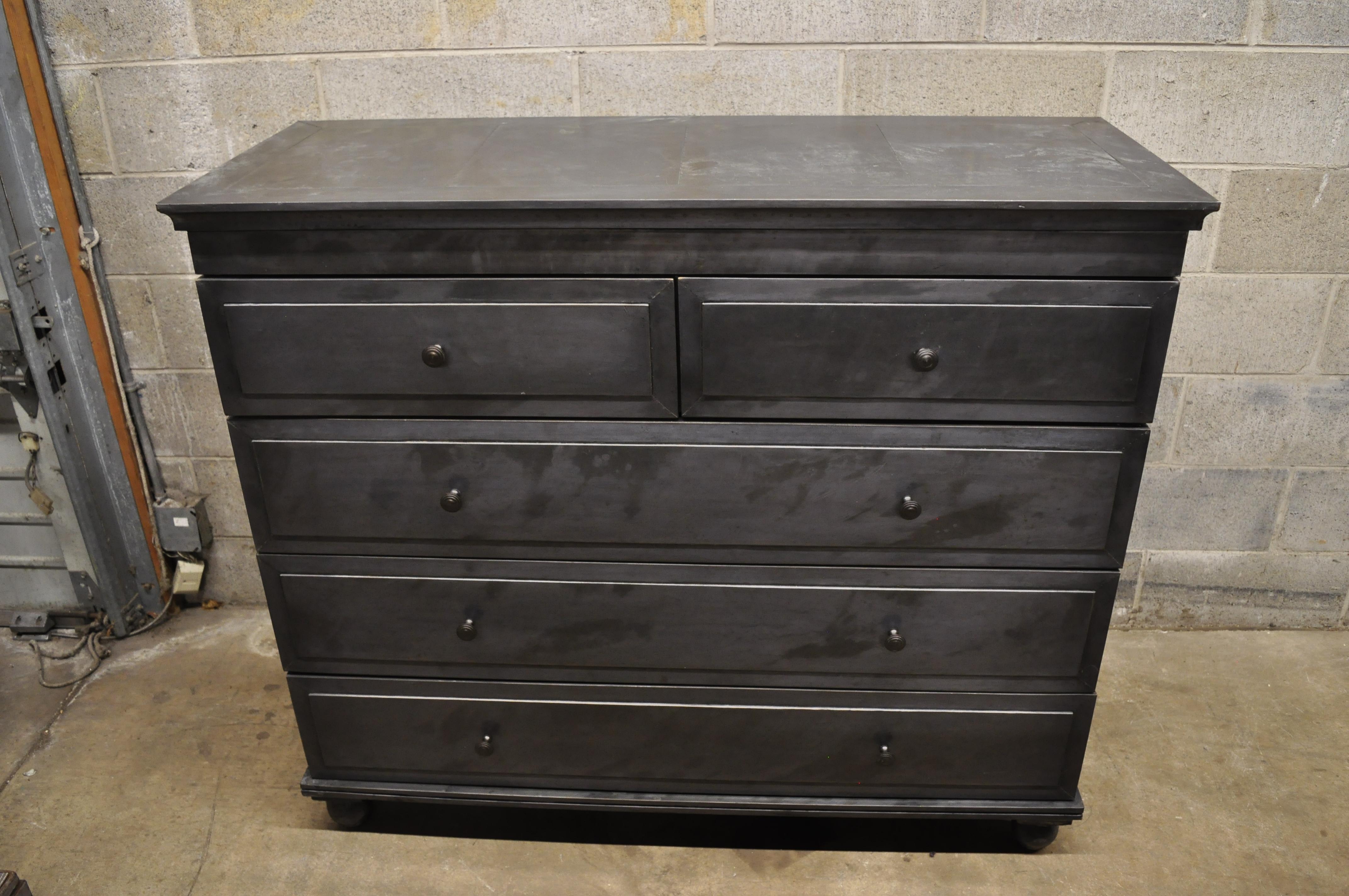 Restoration hardware Annecy metal wrapped 5-drawer chest dresser Zinc (A). Item features hand wrapped sheet metal frame, hand-hammered nails, antiqued and oxidated finish displaying artisans work, zinc finish, 5 drawers. Retail approximately $2600,