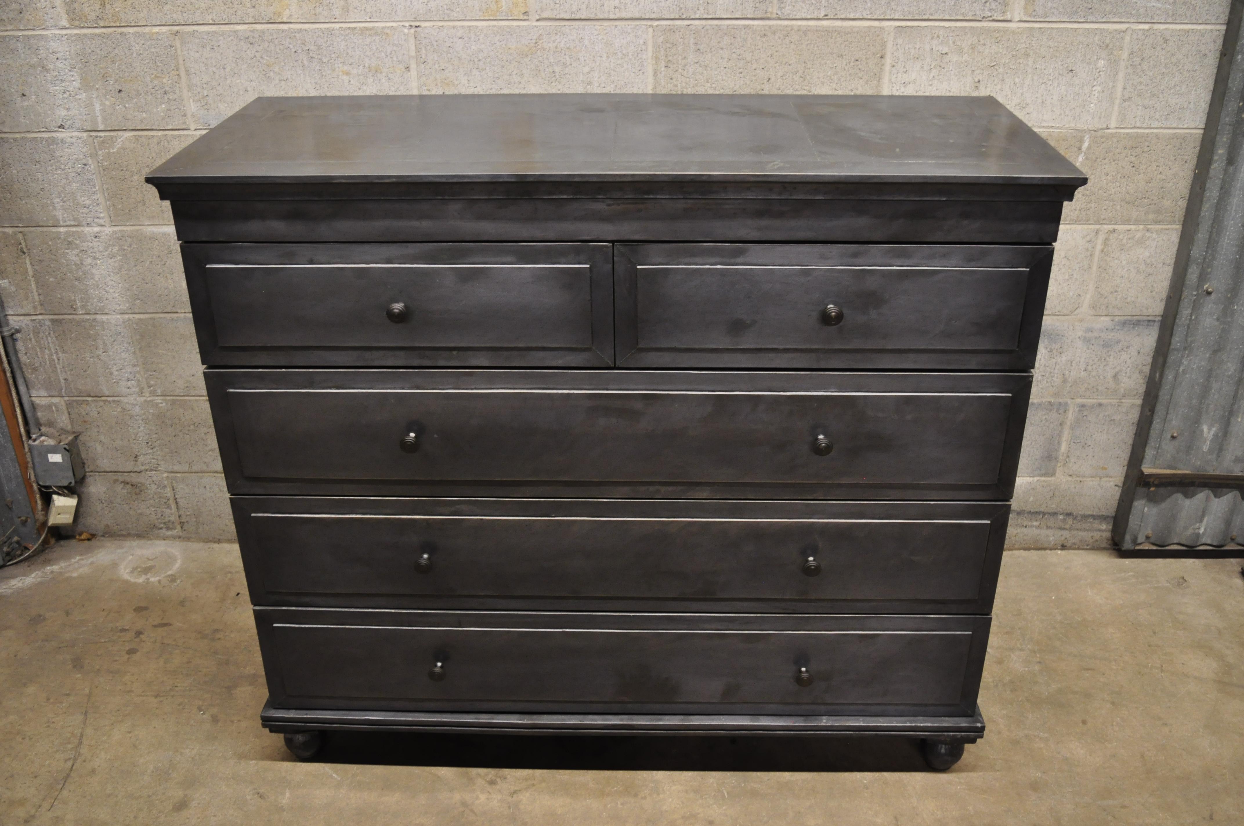 Restoration hardware Annecy metal wrapped 5-drawer chest dresser zinc (B). Item features hand wrapped sheet metal frame, hand-hammered nails, antiqued and oxidized finish displaying artisans work, zinc finish, 5 drawers. Retails approximately $2600,