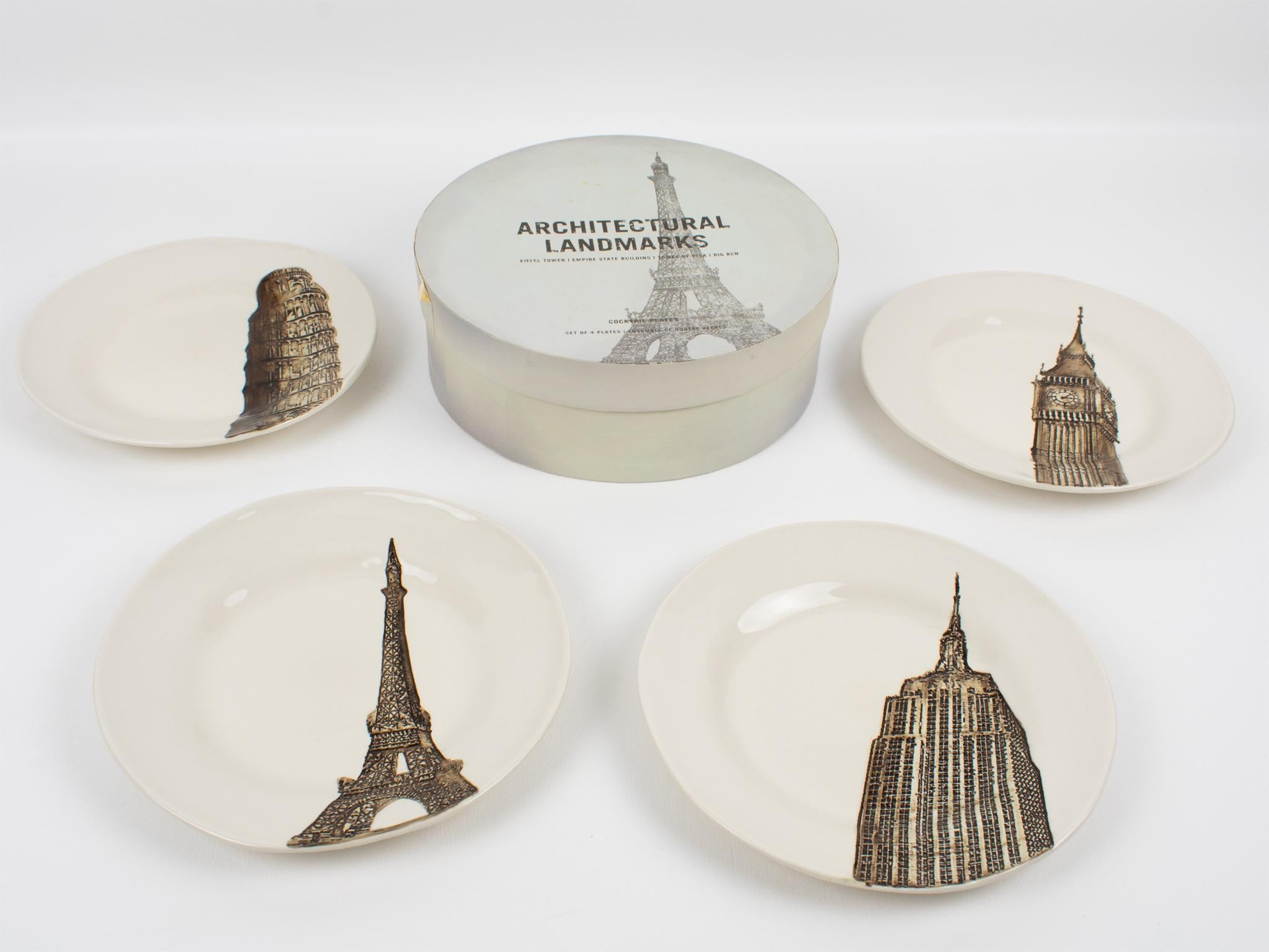 Designed by a small, family-run workshop in South Africa named Mud Studio, those fabulous Restoration Hardware cocktail plates capture the magnificence of the world's major landmarks. Crafted by hand, artisans stamp the ivory-glazed stoneware with