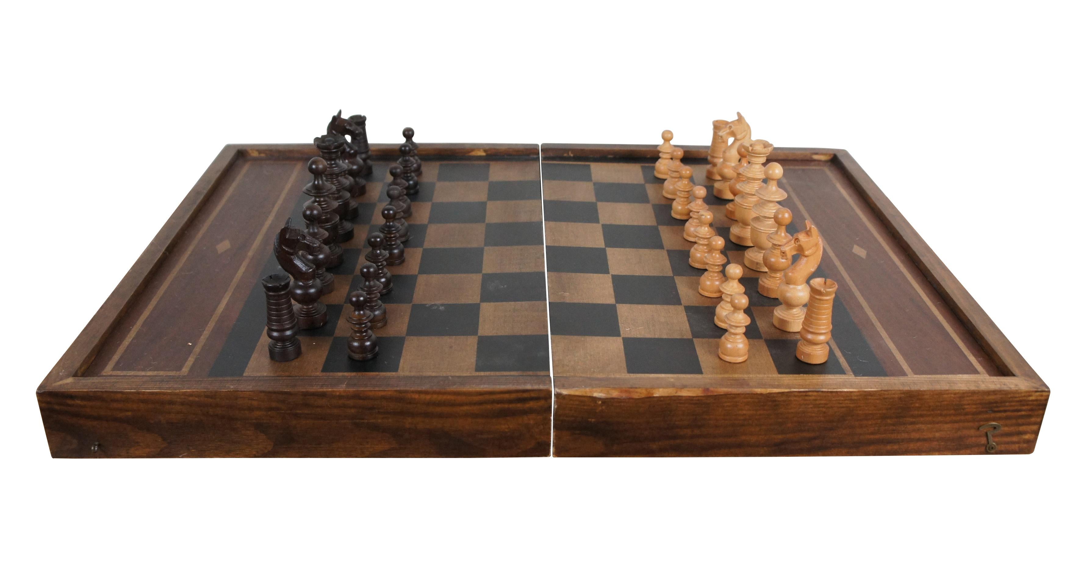 Late 20th century chess / backgammon game set by Restoration Hardware. Reversible, folding, hardwood gameboard case. Wooden game pieces and dice. Leather backgammon cups. Labeled burlap storage bags for pieces and instructions for playing both