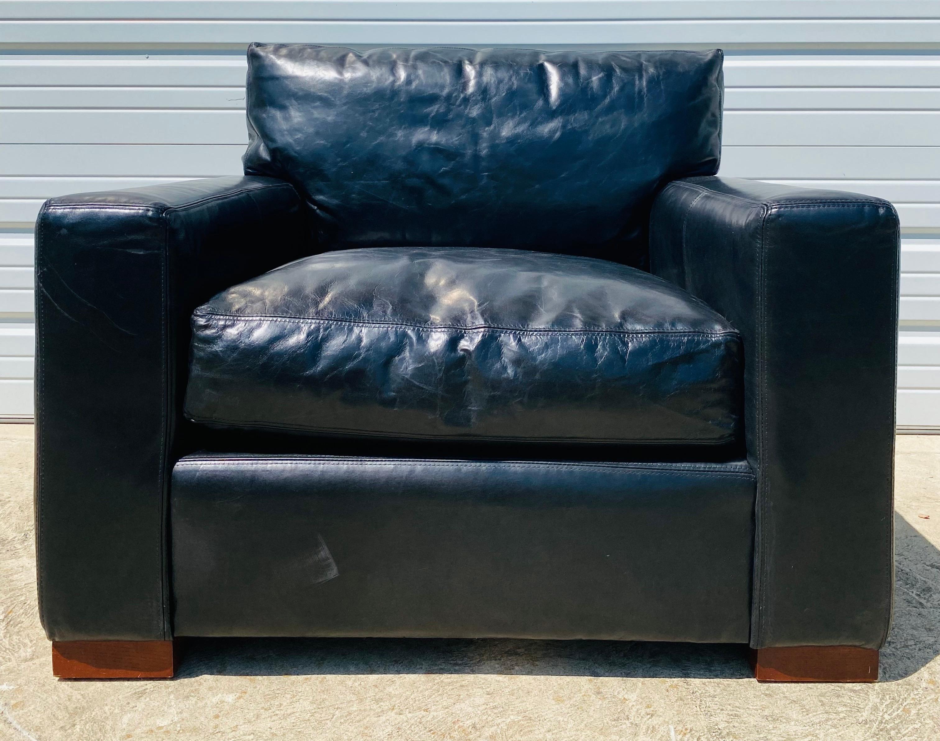 Late 20th Century Restoration hardware black leather club chair