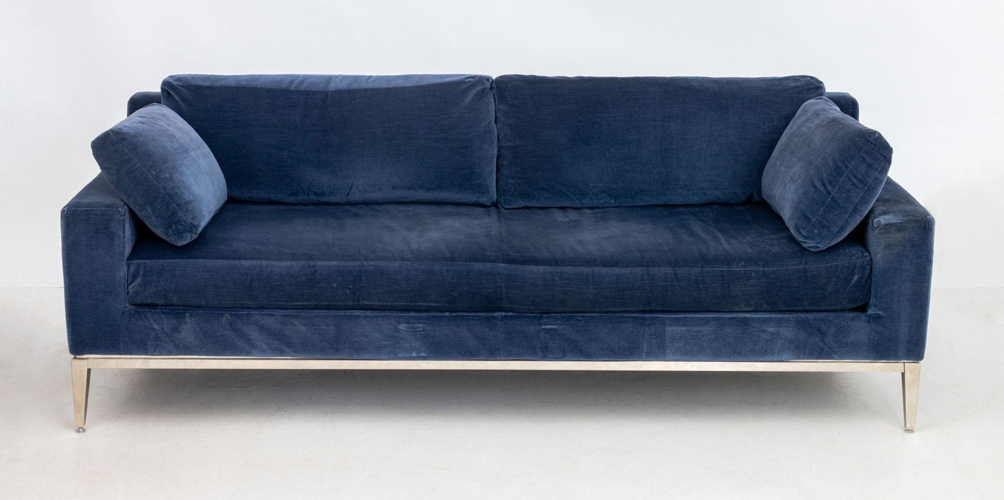 Restoration Hardware Blue Velvet Upholstered Sofa, on chrome-plated metal base with four tapered legs. 31