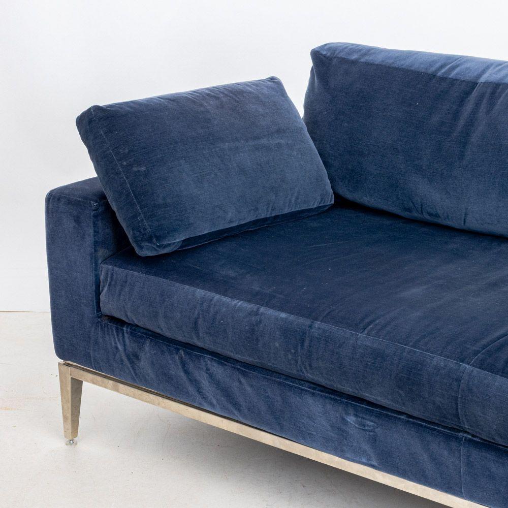 Minimalist Restoration Hardware Blue Velvet Upholstered Sofa For Sale