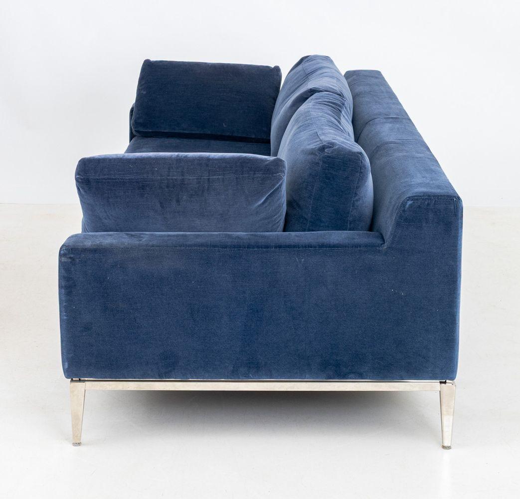 Restoration Hardware Blue Velvet Upholstered Sofa In Good Condition For Sale In Astoria, NY