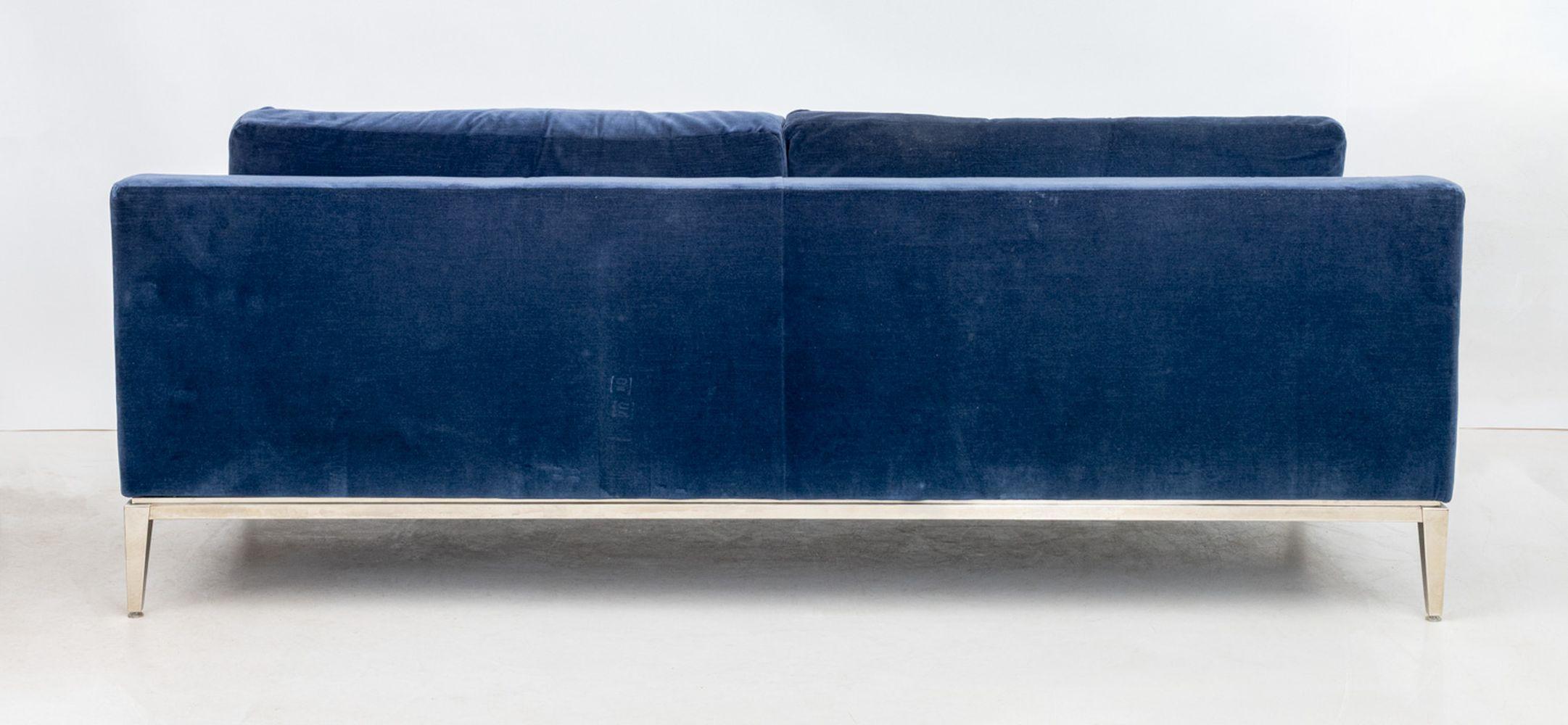 Contemporary Restoration Hardware Blue Velvet Upholstered Sofa For Sale