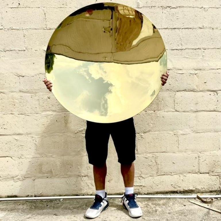 Contemporary Restoration Hardware Boho Convex Polished Brass Metal Mirror