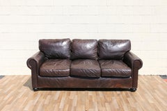 Restoration Hardware Brown Leather Three-Seat Sofa  Vintage Modern Down-Filled