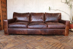 Restoration Hardware Brown Leather Three-Seat Sofa With Patina