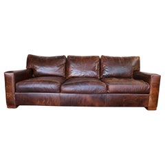 Restoration Hardware Brown Leather Three-Seat Sofa With Patina