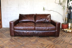 Restoration Hardware Brown Leather Two-Seat Sofa With Rich Patina