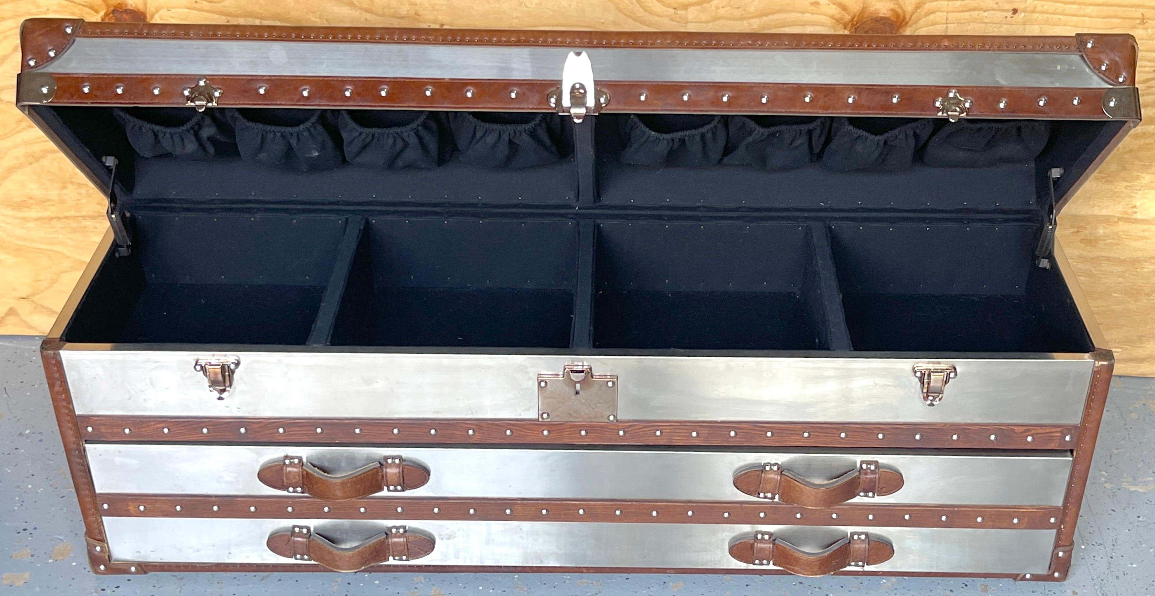 Restoration Hardware  Brushed Steel & Leather Steamer Trunk/ Coffee Table In Good Condition In West Palm Beach, FL