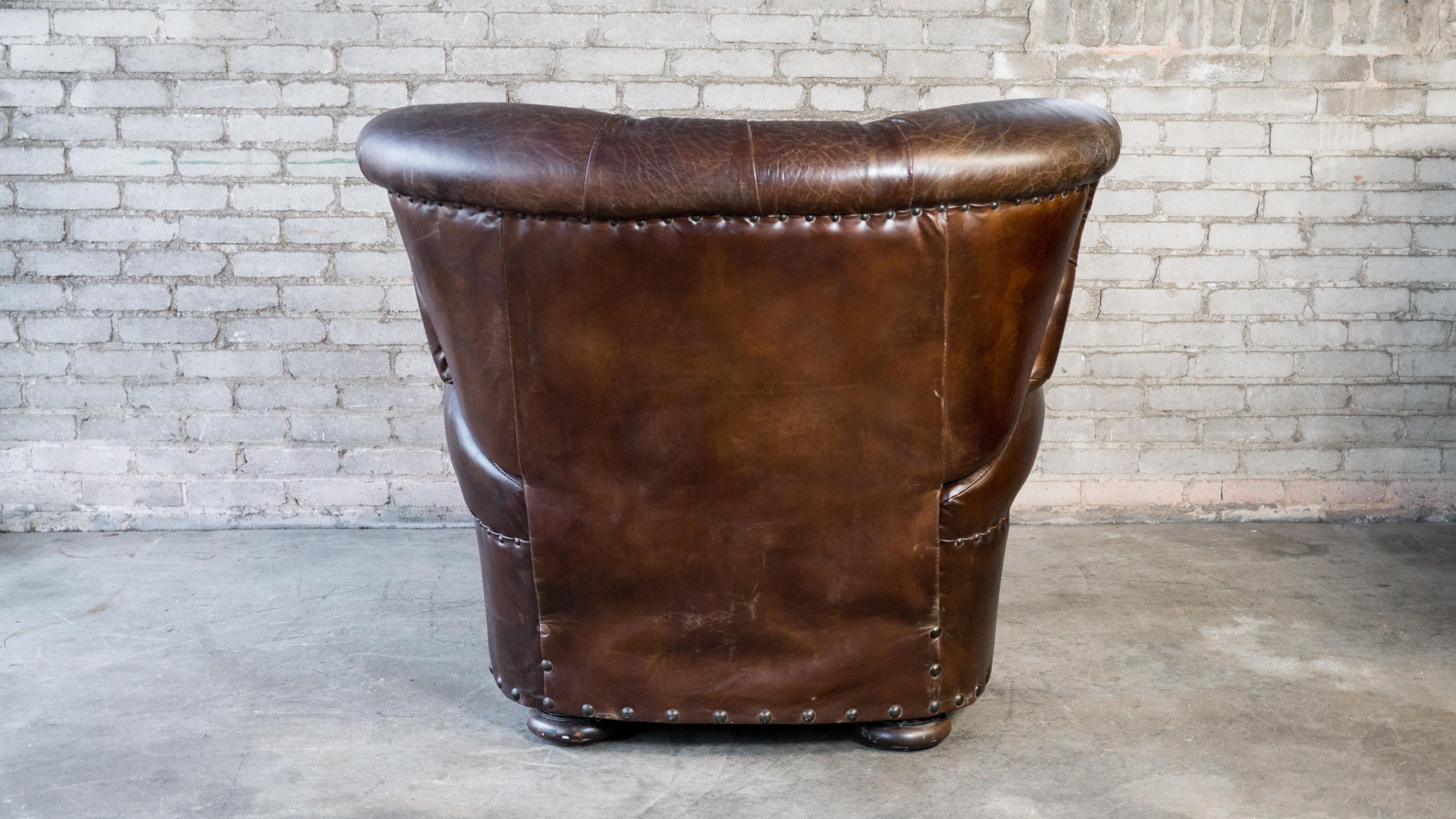 Restoration Hardware Churchill Brown Leather Recliner Chair With Nailheads Trim For Sale 5