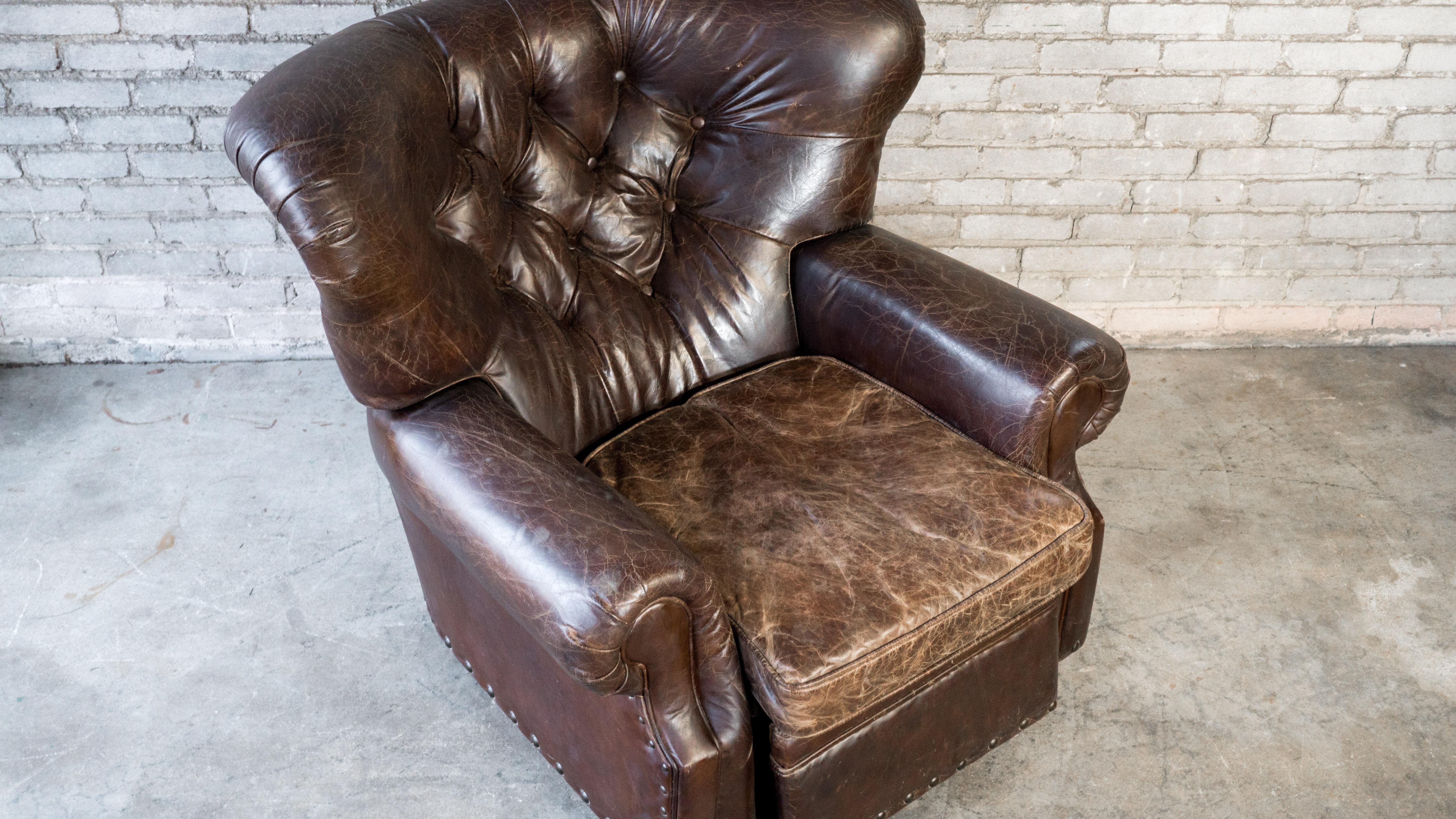 Restoration Hardware Churchill Brown Leather Recliner Chair With Nailheads Trim For Sale 6