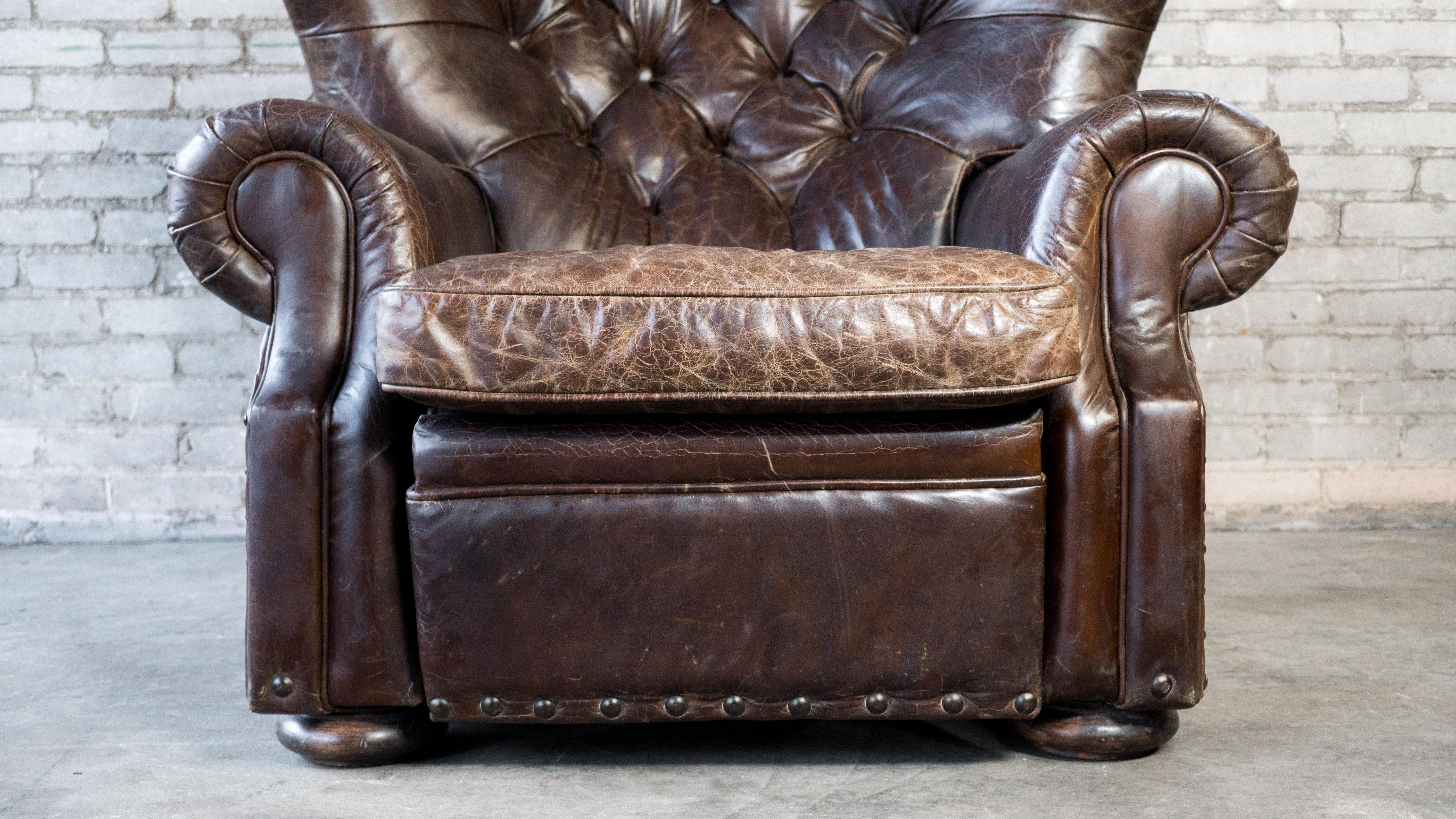 Restoration Hardware Churchill Brown Leather Recliner Chair With Nailheads Trim In Good Condition For Sale In Boston, MA