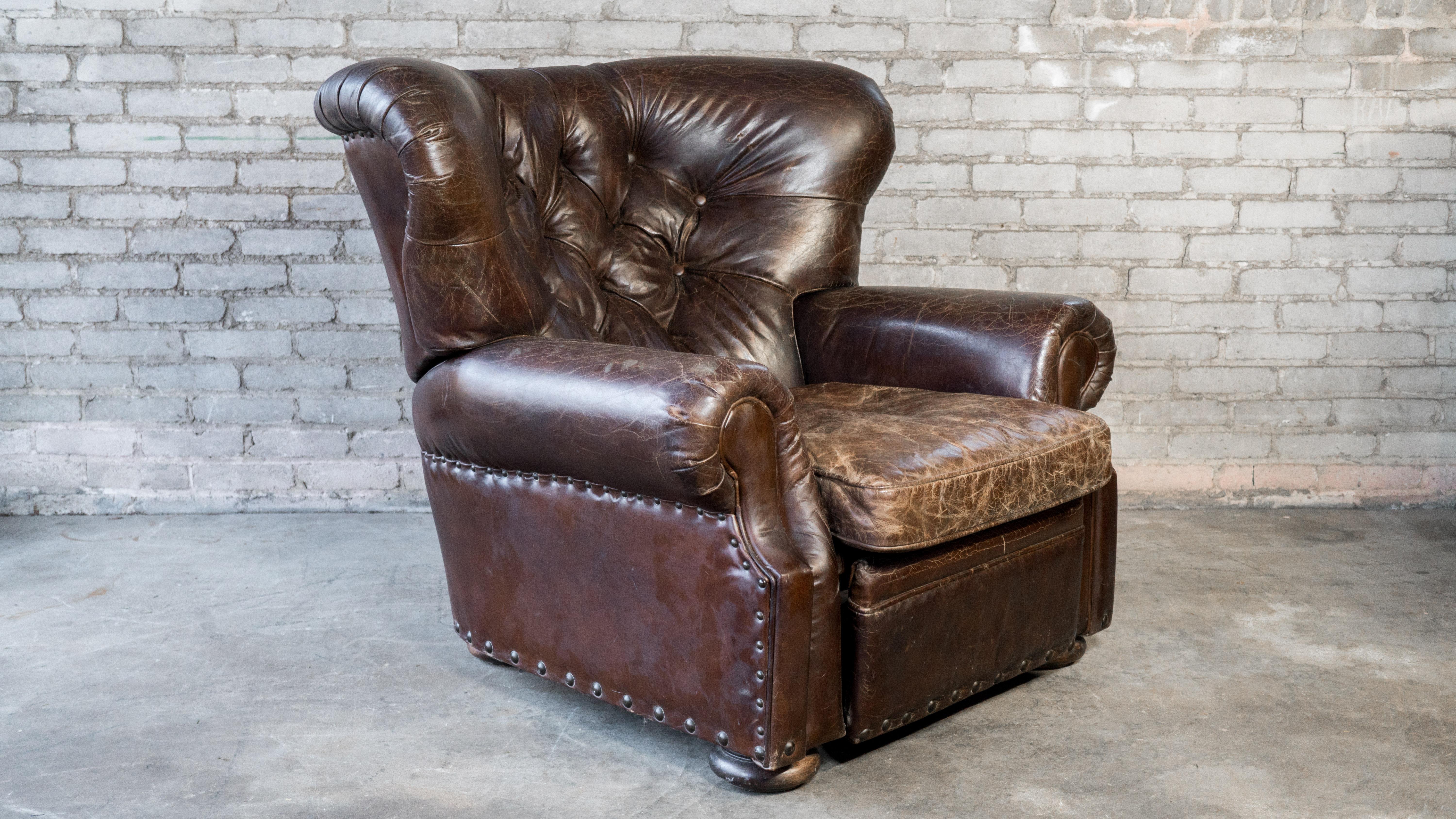 Contemporary Restoration Hardware Churchill Brown Leather Recliner Chair With Nailheads Trim For Sale
