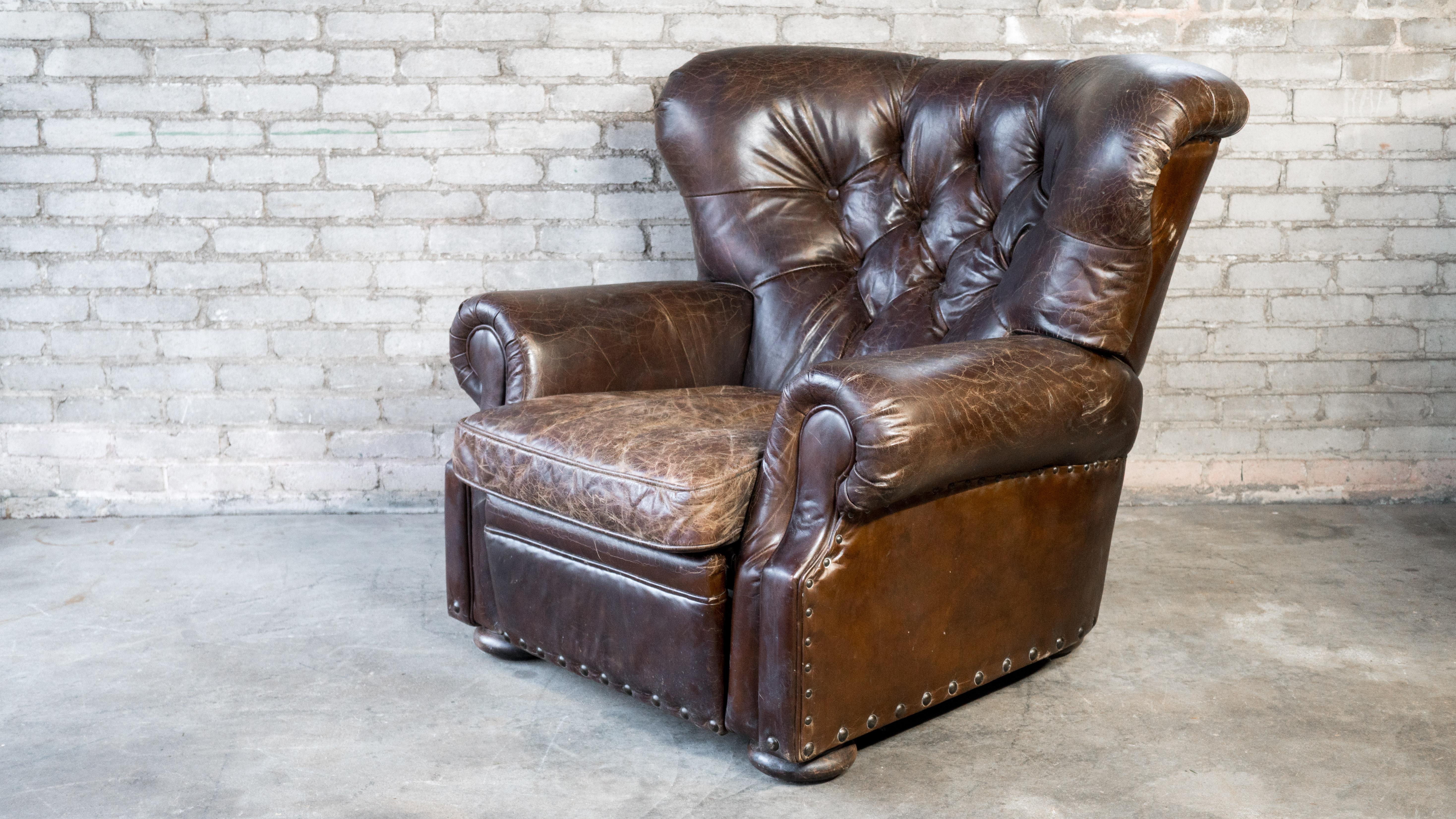 Restoration Hardware Churchill Brown Leather Recliner Chair With Nailheads Trim For Sale 2