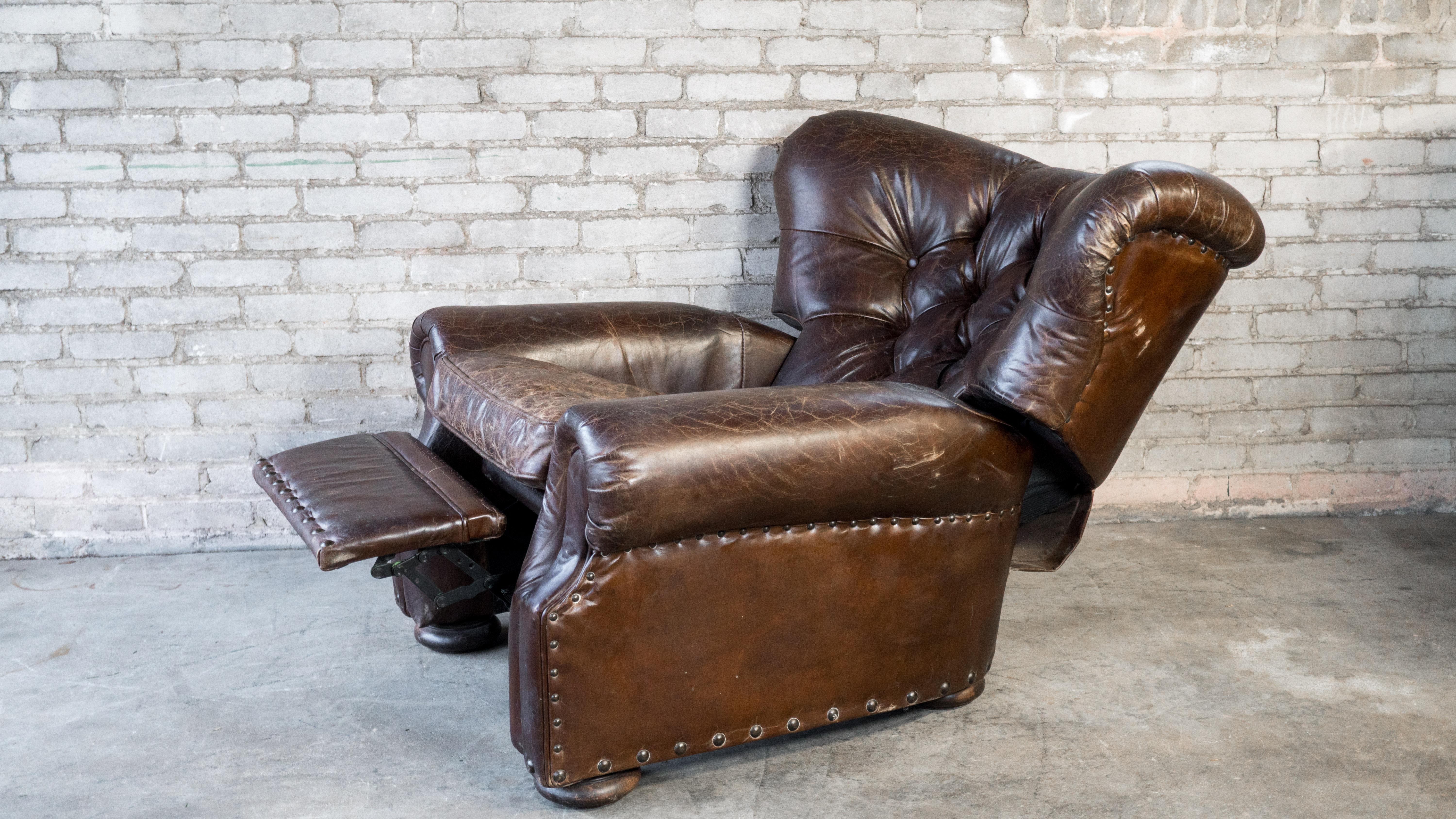 Restoration Hardware Churchill Brown Leather Recliner Chair With Nailheads Trim For Sale 3