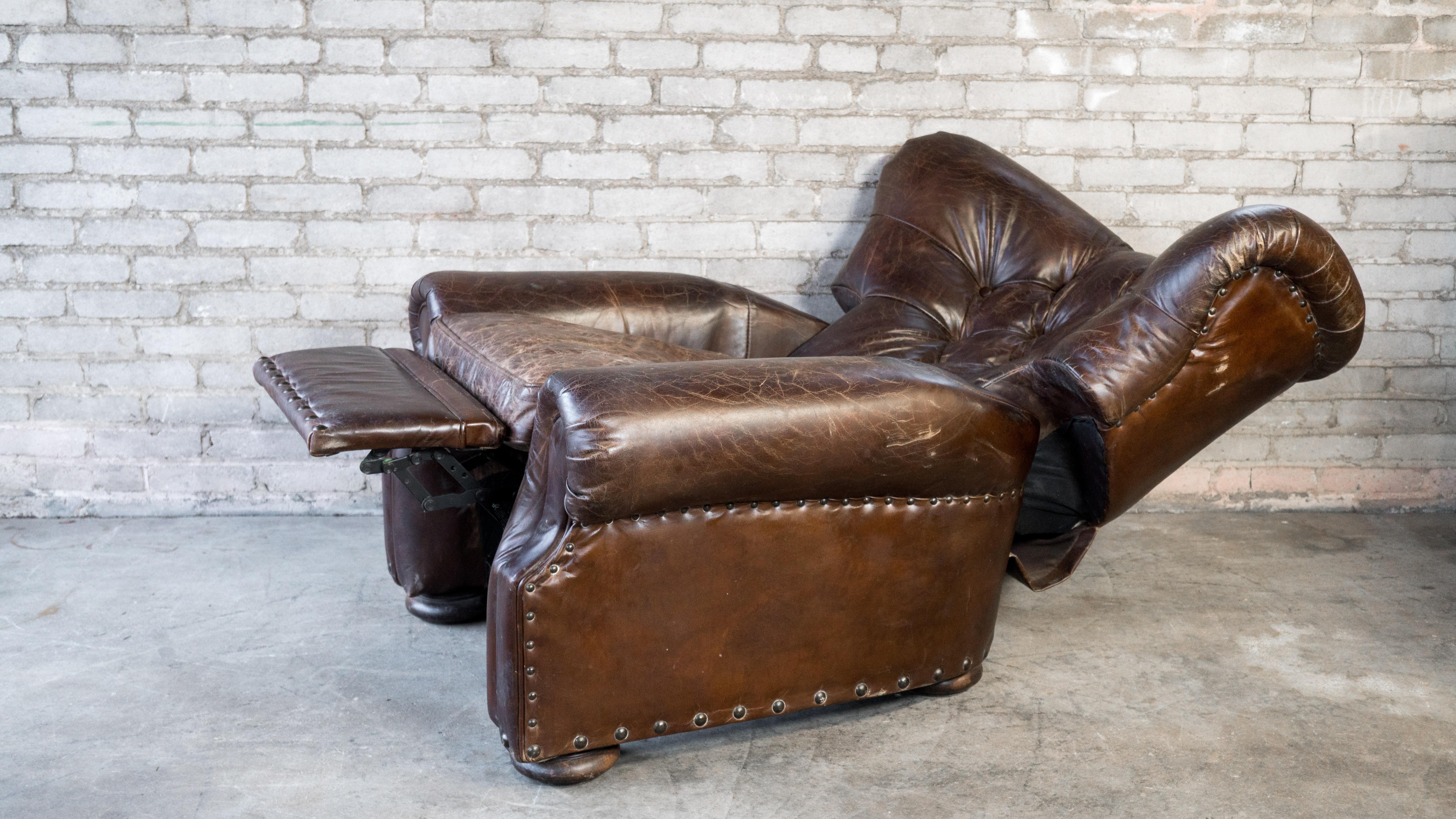 Restoration Hardware Churchill Brown Leather Recliner Chair With Nailheads Trim For Sale 4