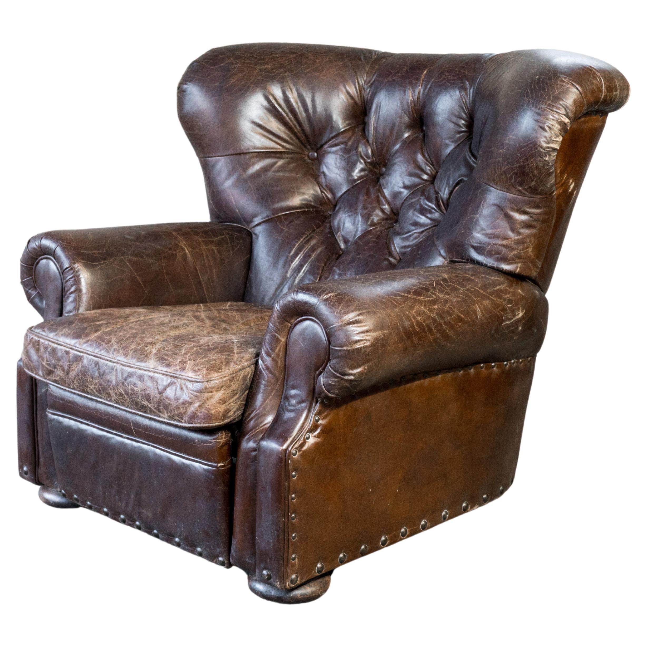 Restoration Hardware Churchill Brown Leather Recliner Chair With Nailheads Trim
