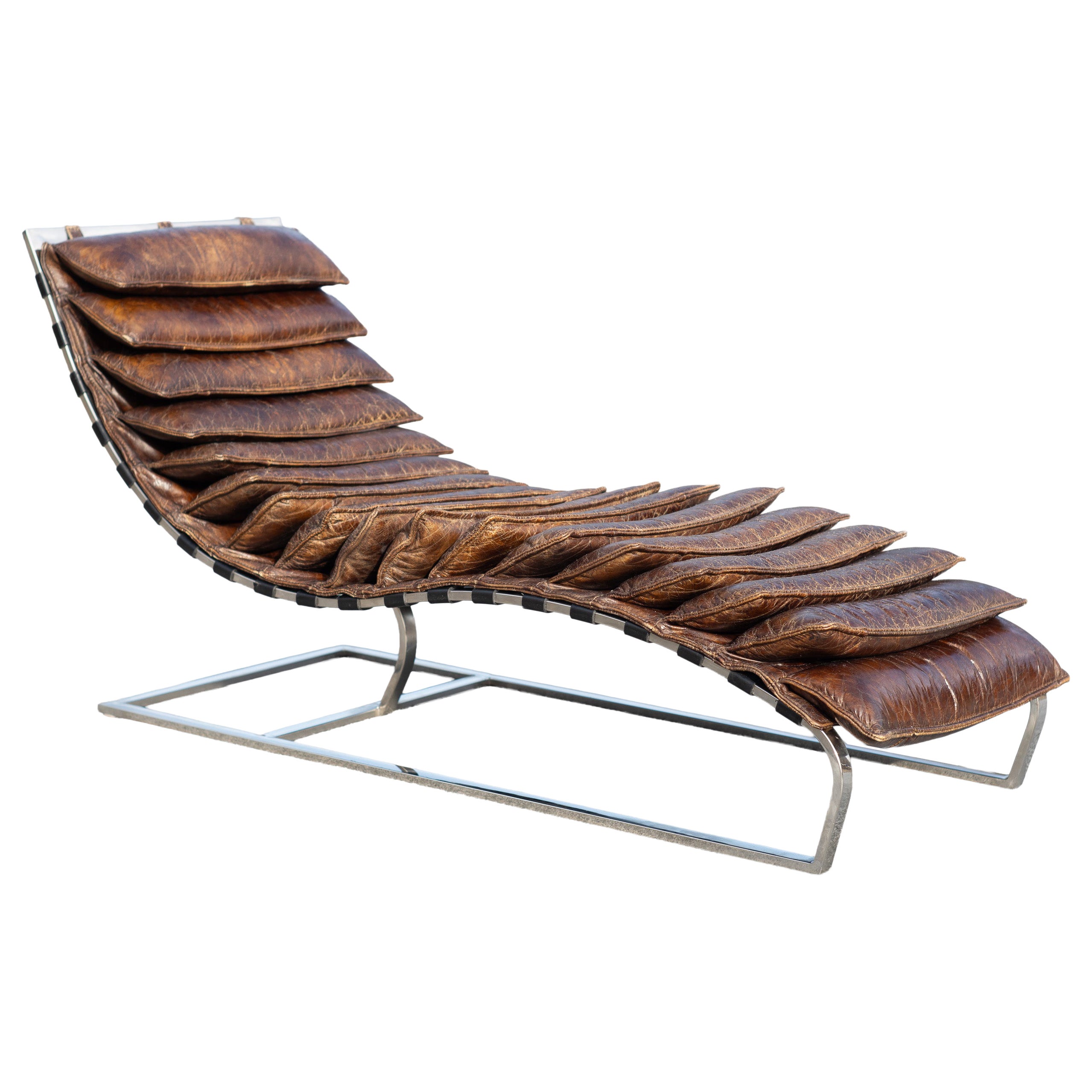 Restoration Hardware Custom Order Oviedo Chaise Lounge in Brown Leather 
Chrome For Sale