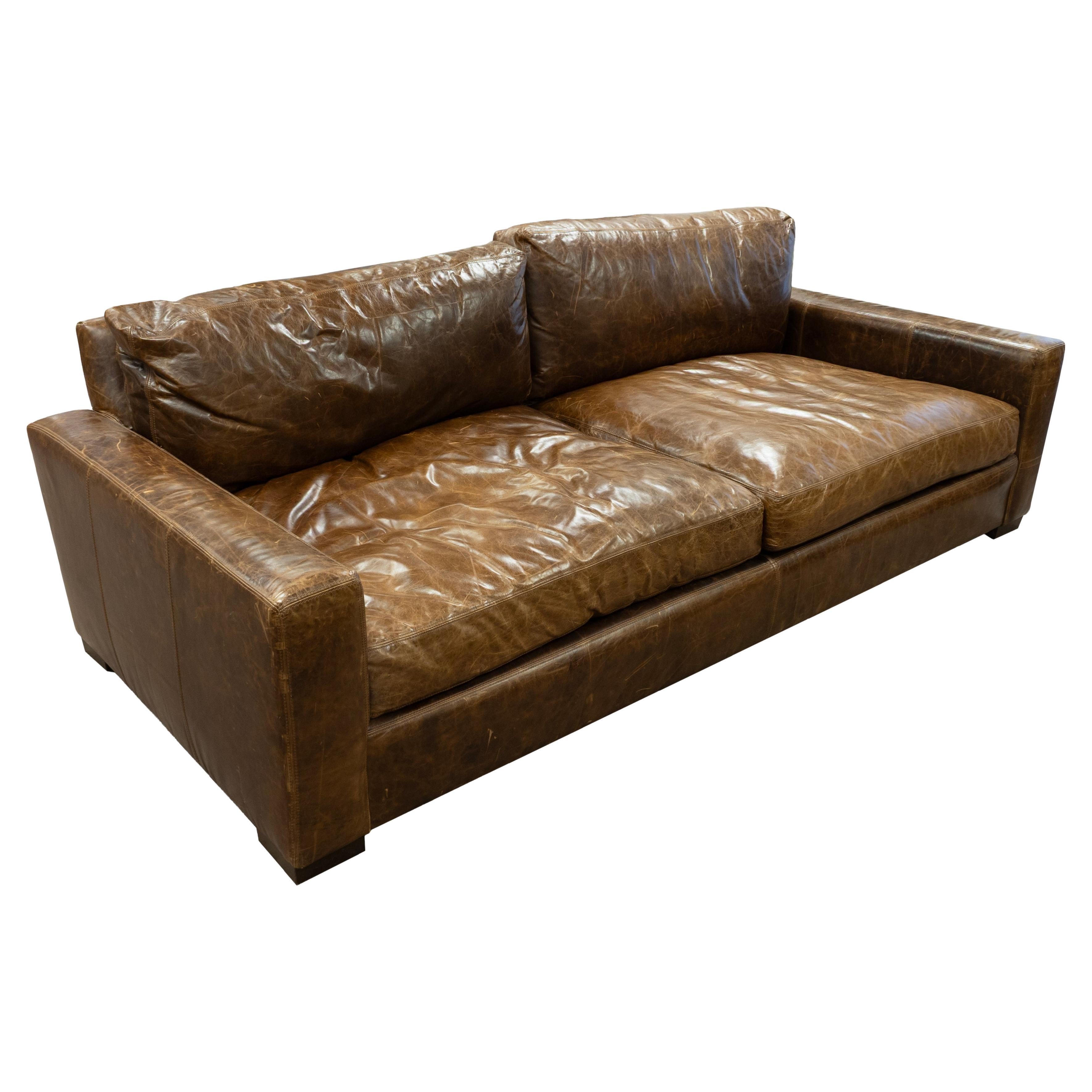 Restoration Hardware Distressed Italian Cocoa Leather Classic Maxwell Sofa