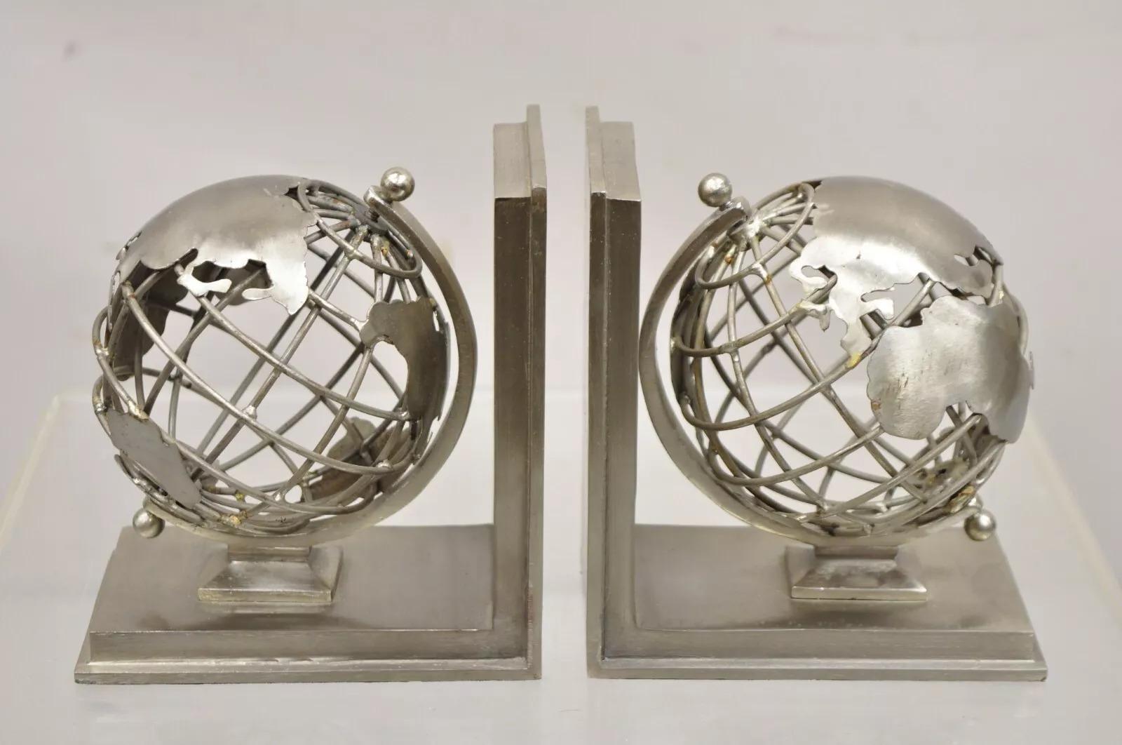 Restoration Hardware Industrial Modern Metal Spinning Globe Bookends - a Pair For Sale 6