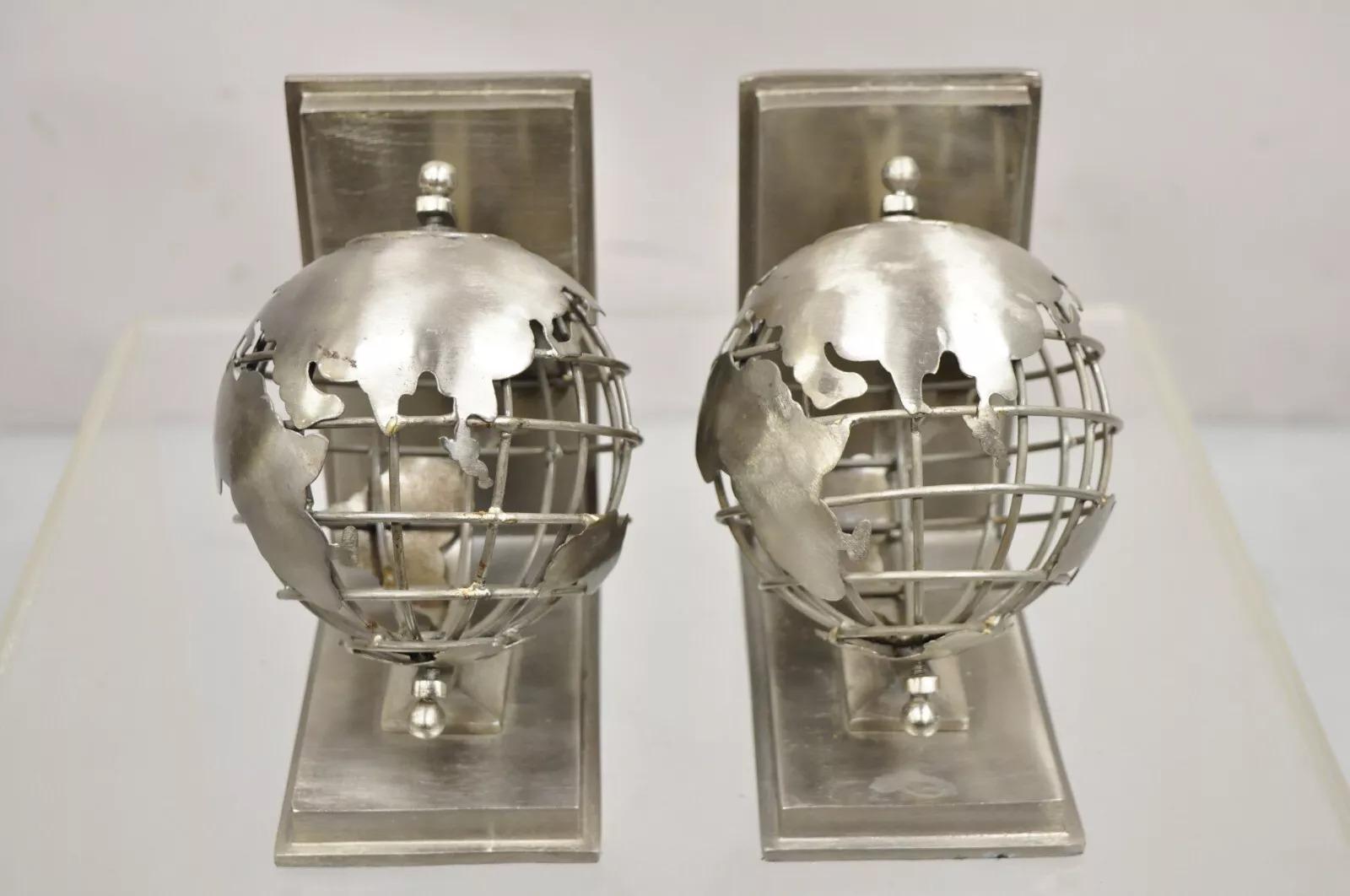 Unknown Restoration Hardware Industrial Modern Metal Spinning Globe Bookends - a Pair For Sale