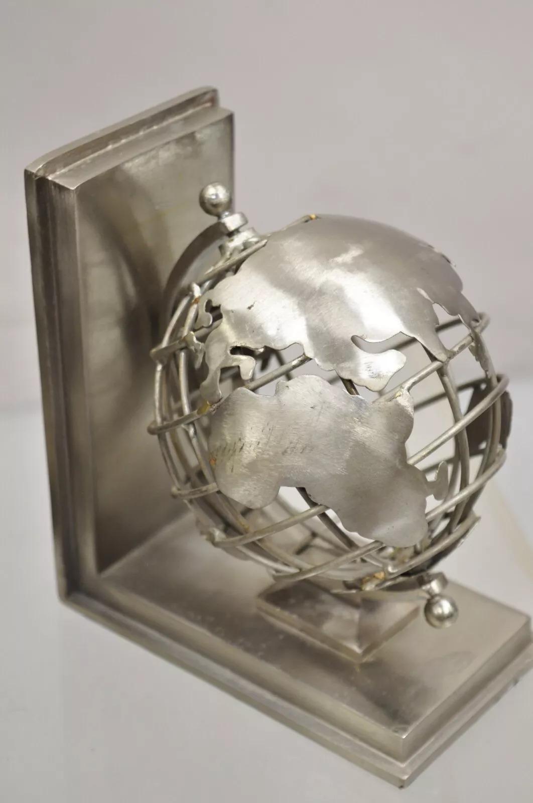 Restoration Hardware Industrial Modern Metal Spinning Globe Bookends - a Pair In Good Condition For Sale In Philadelphia, PA