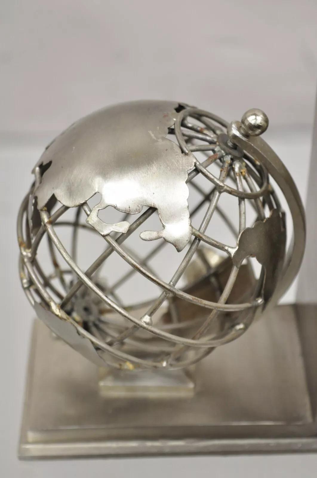 20th Century Restoration Hardware Industrial Modern Metal Spinning Globe Bookends - a Pair For Sale
