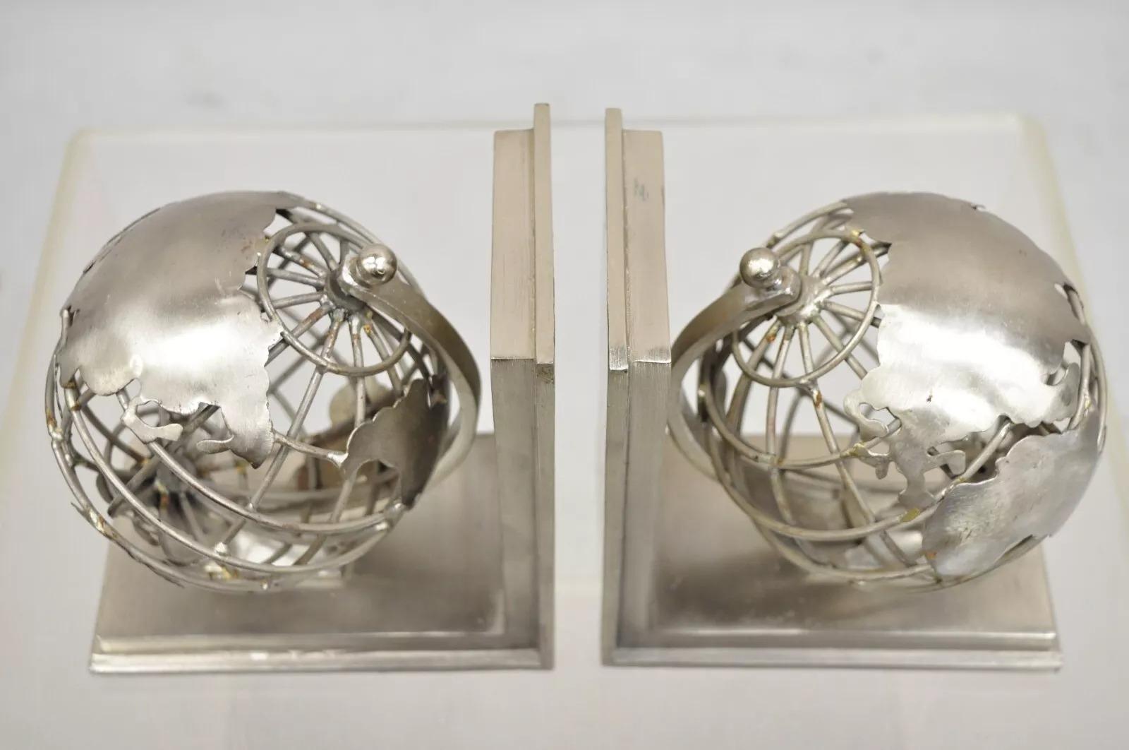 Restoration Hardware Industrial Modern Metal Spinning Globe Bookends - a Pair For Sale 3