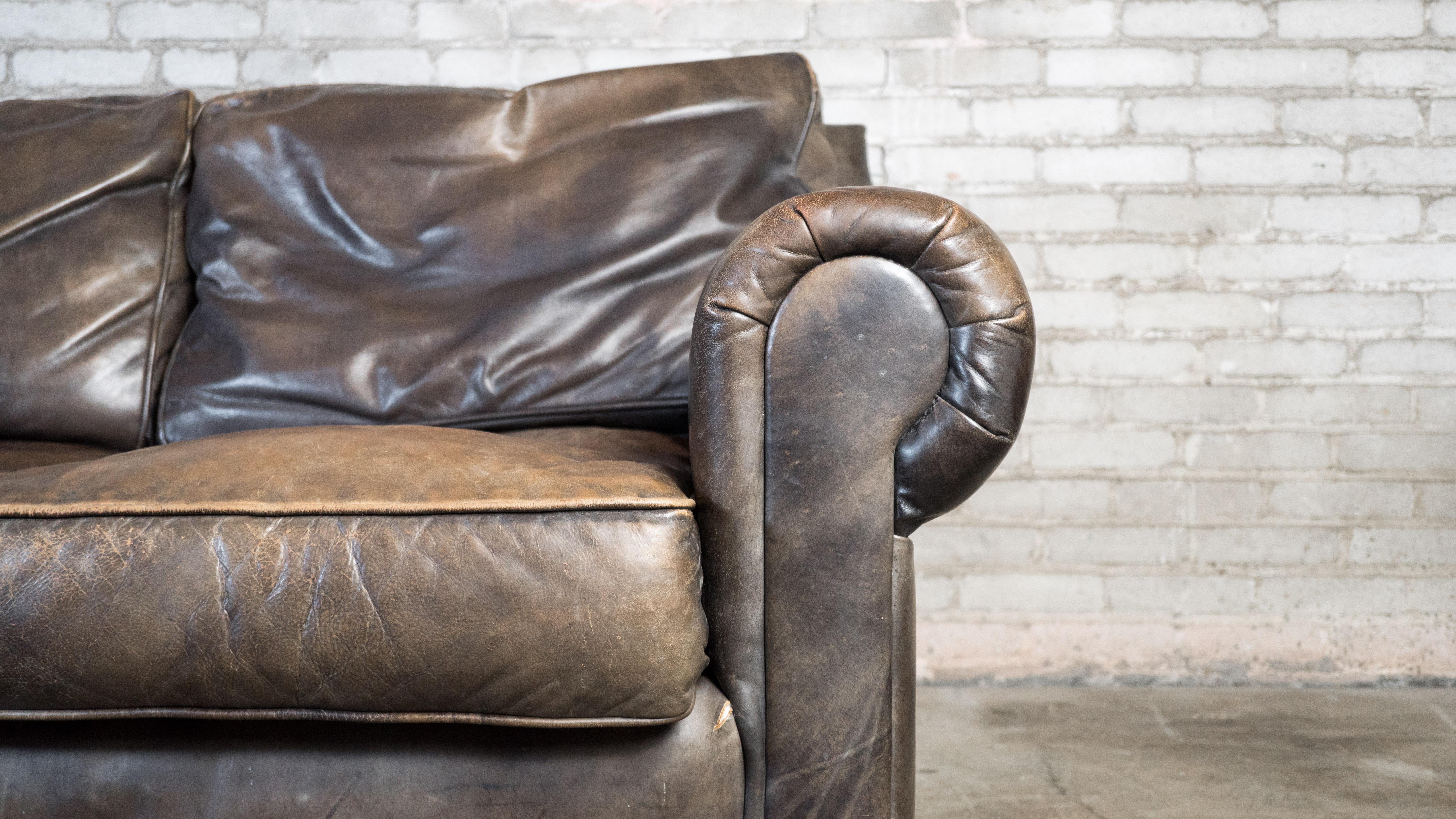 Restoration Hardware 'Lancaster' Distressed Leather Sofa In Good Condition In Boston, MA