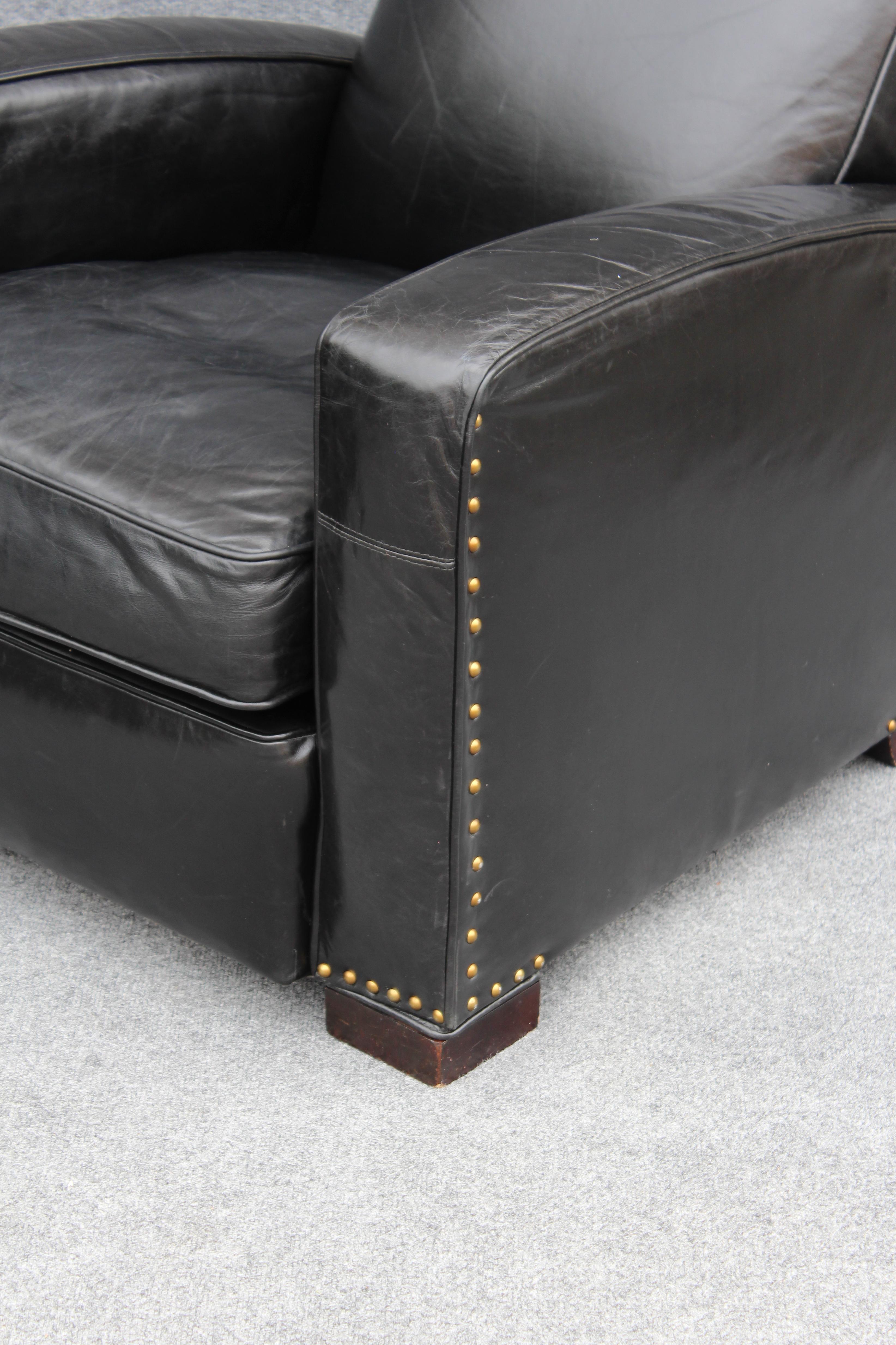 Restoration Hardware Leather Library or Lounge Chair Black Leather Brass Studs For Sale 2
