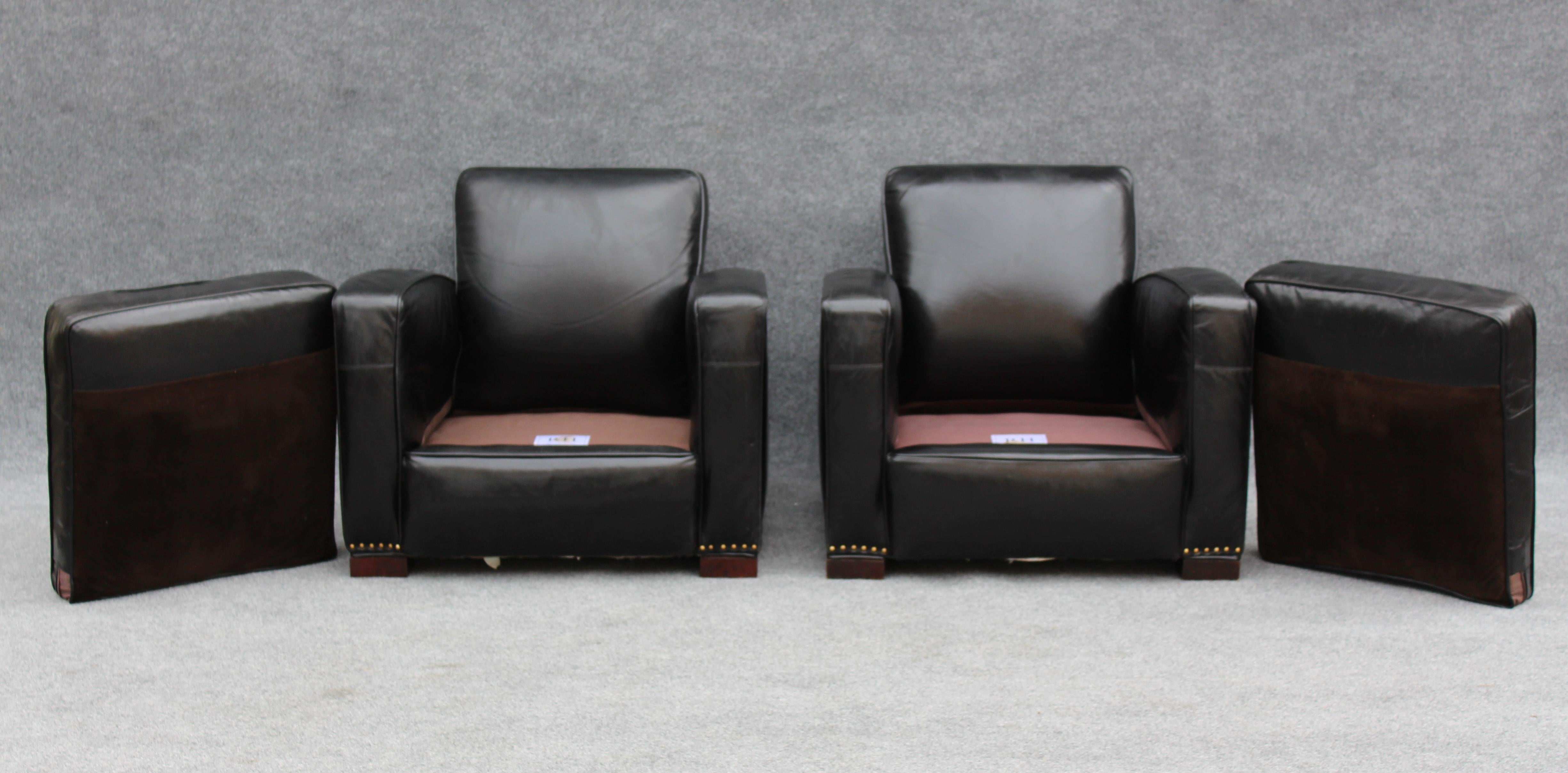 Restoration Hardware Leather Library or Lounge Chair Black Leather Brass Studs For Sale 3