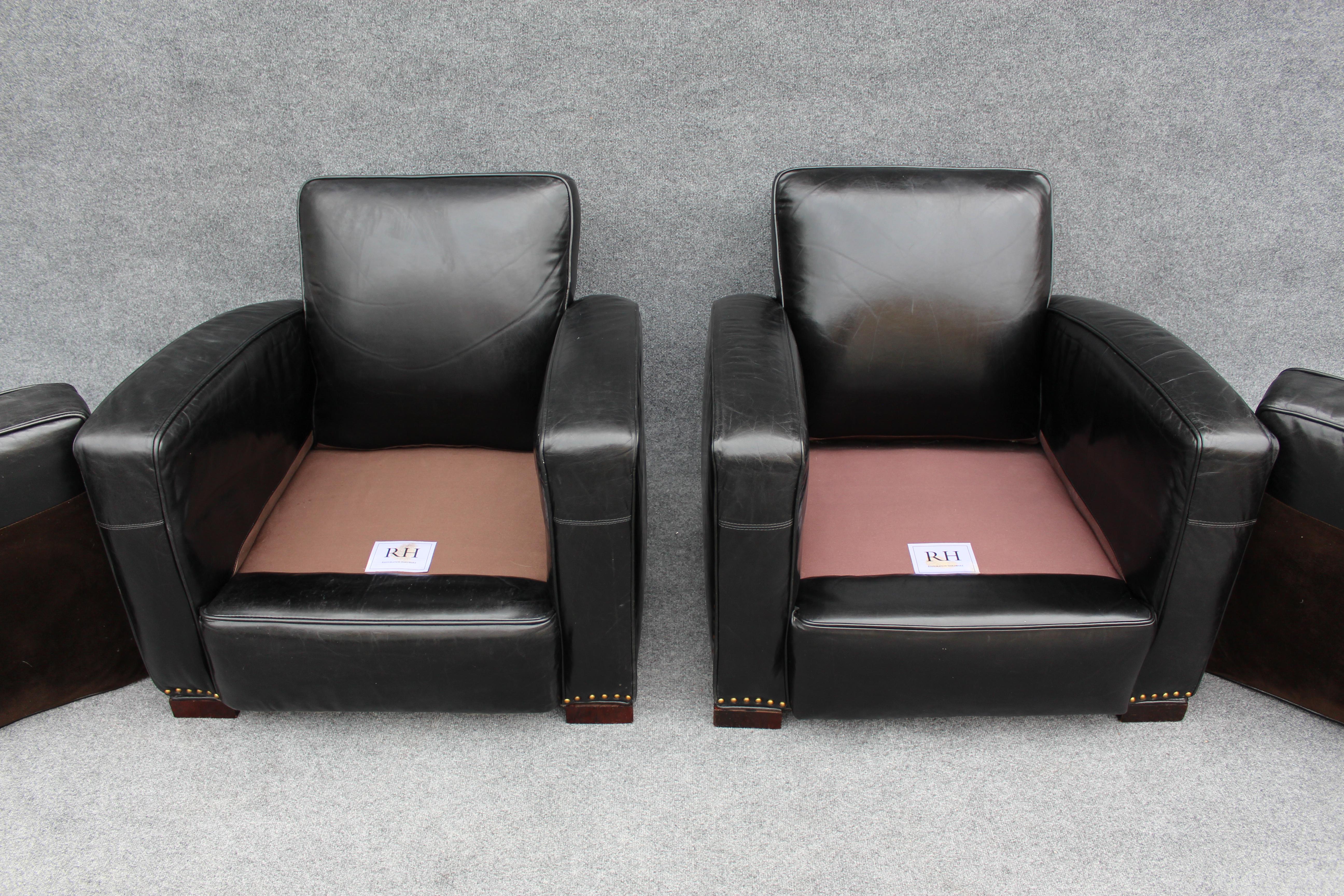 Restoration Hardware Leather Library or Lounge Chair Black Leather Brass Studs For Sale 4