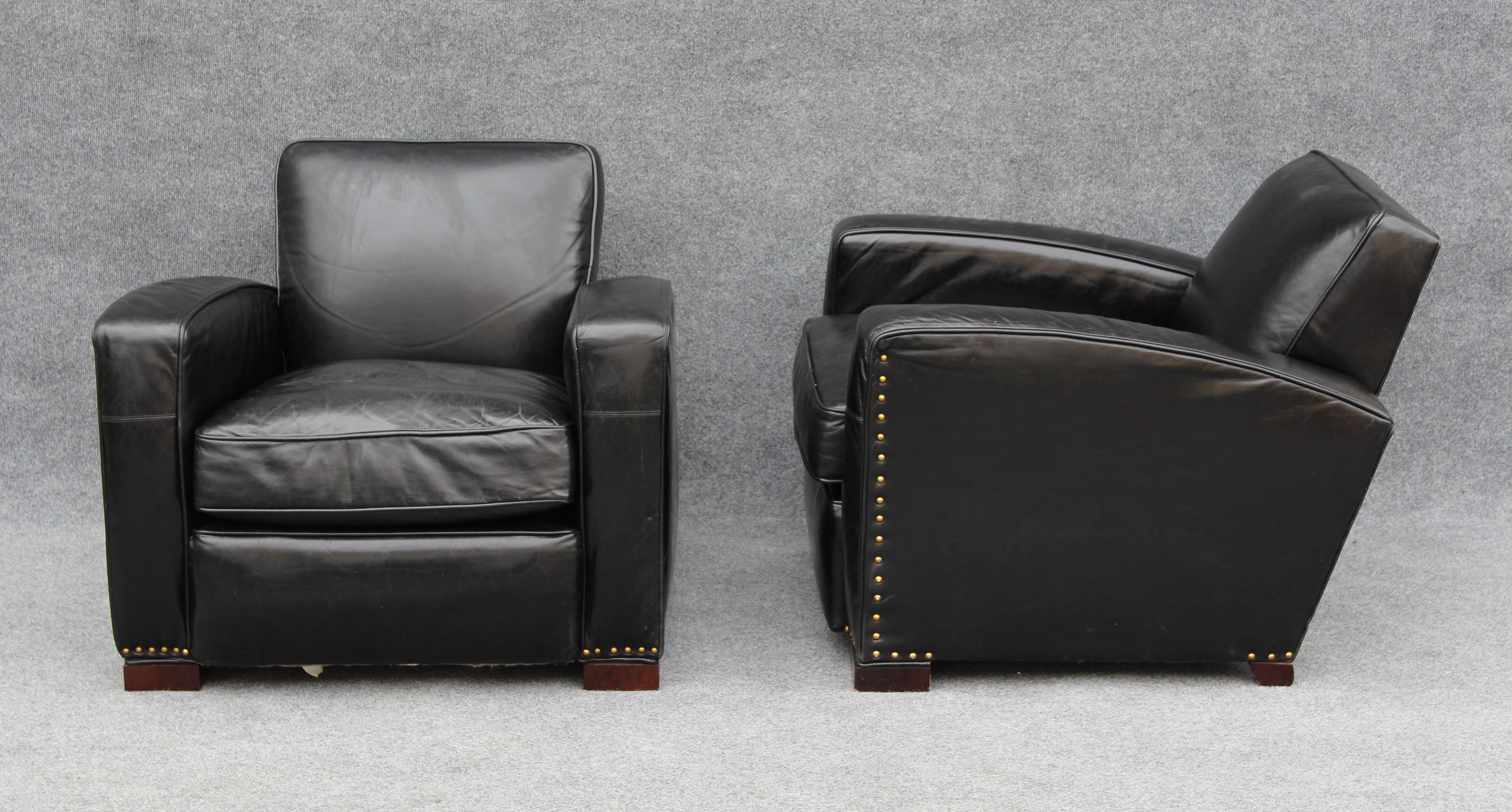 Restoration Hardware Leather Library or Lounge Chair Black Leather Brass Studs In Good Condition For Sale In Philadelphia, PA