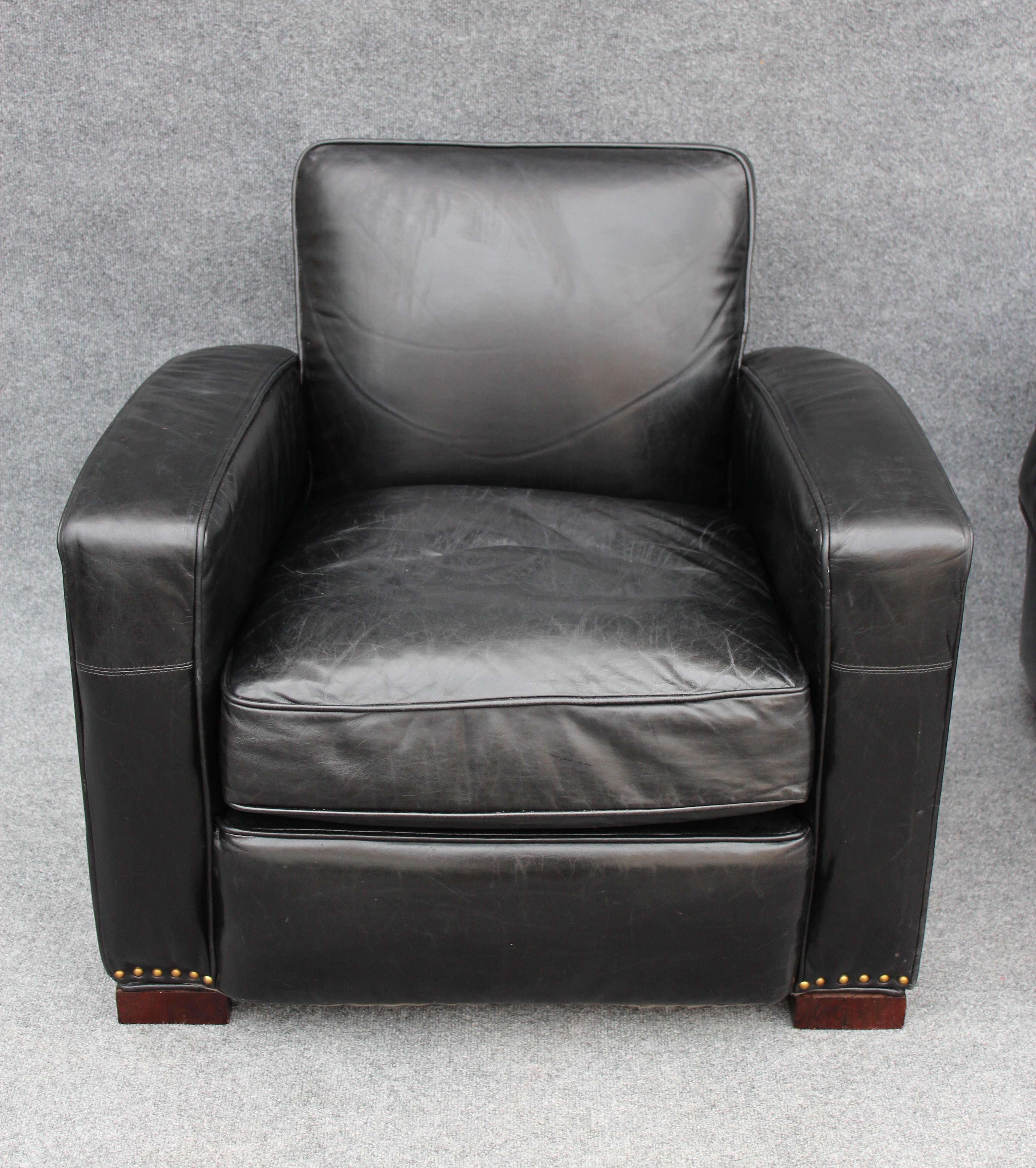 Late 20th Century Restoration Hardware Leather Library or Lounge Chair Black Leather Brass Studs For Sale