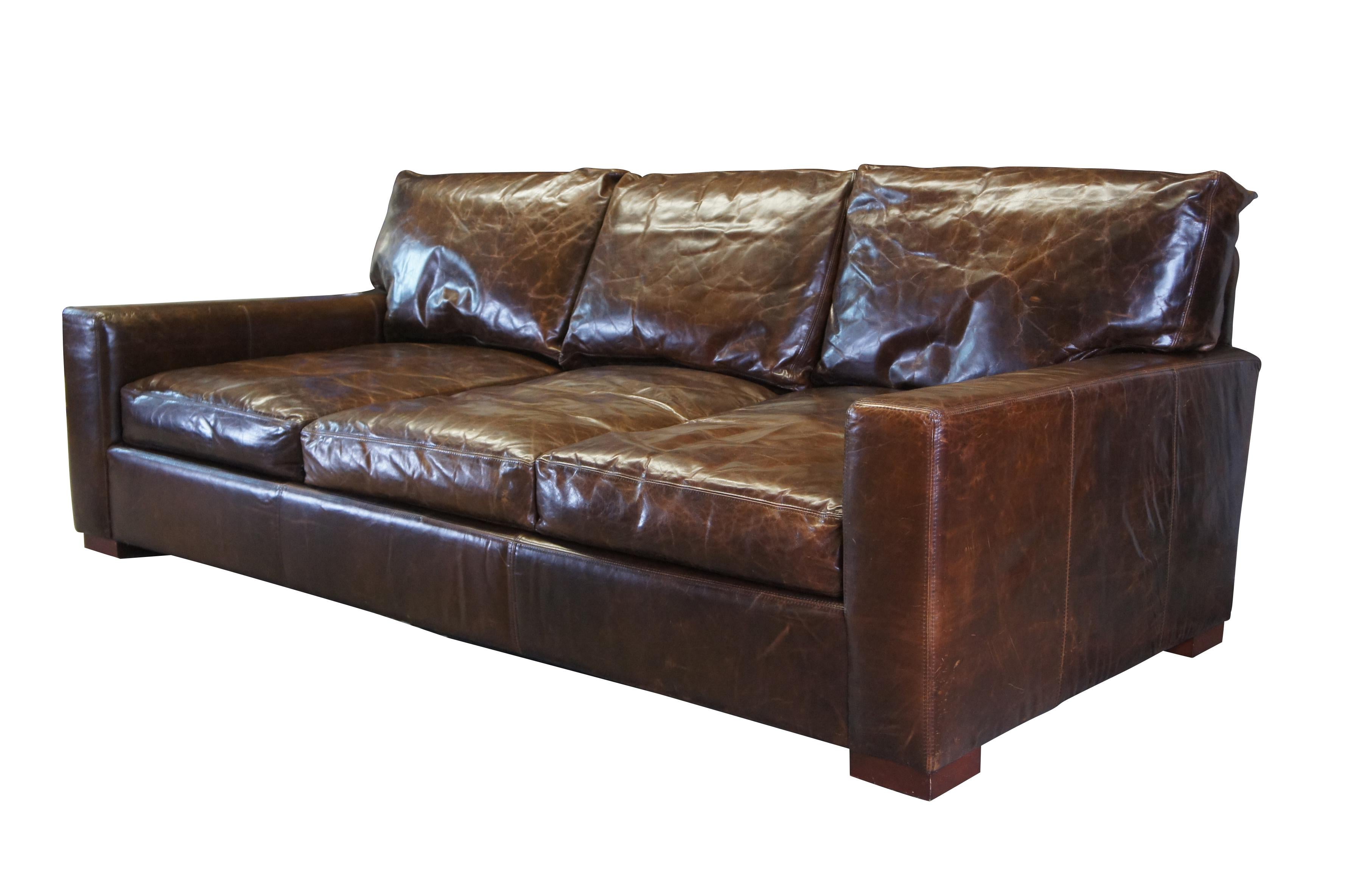 Modern Restoration Hardware Maxwell Sofa Cocoa Brown Leather Minimalist Track Arm Couch