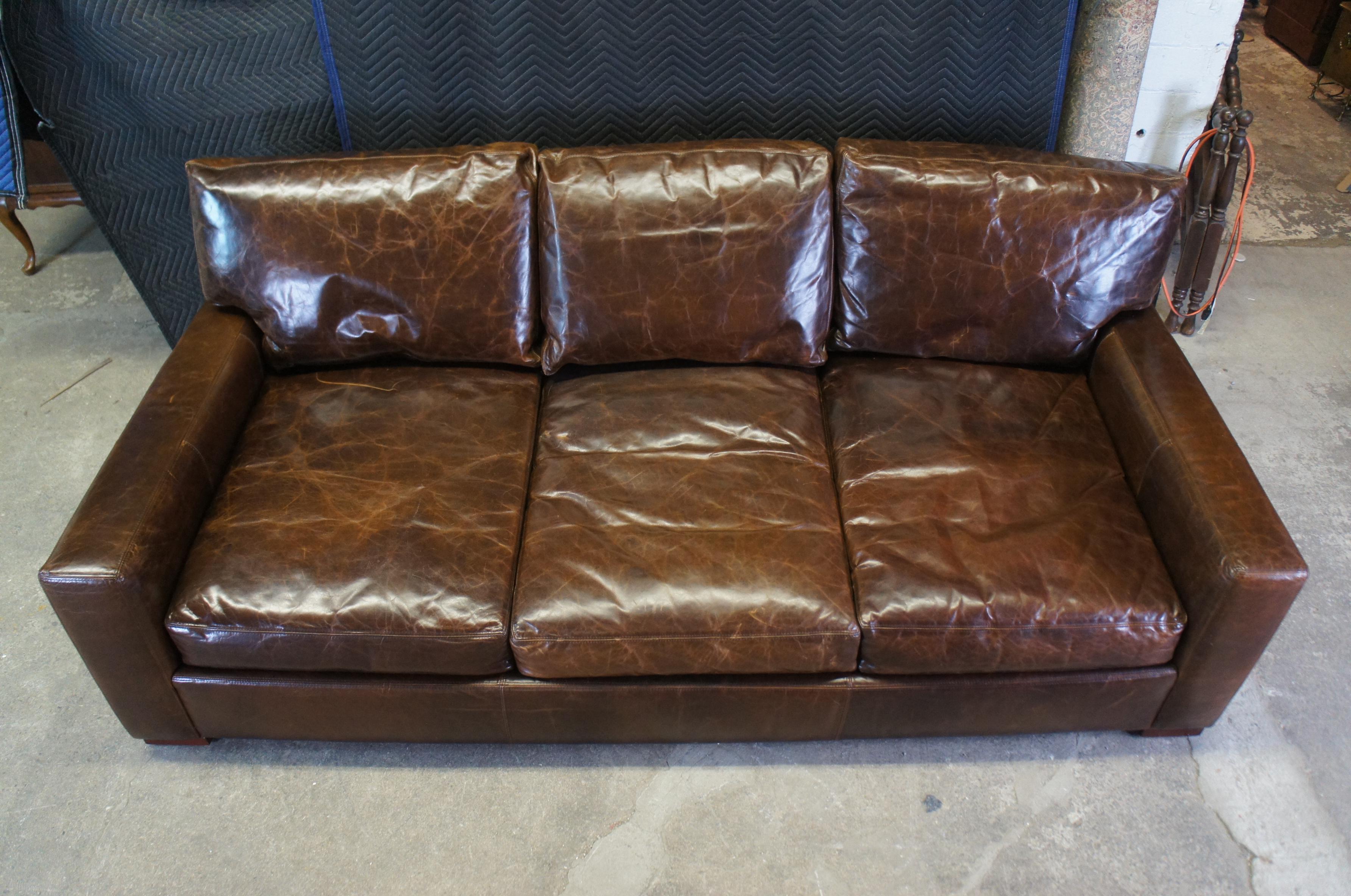 Restoration Hardware Maxwell Sofa Cocoa Brown Leather Minimalist Track Arm Couch In Good Condition In Dayton, OH