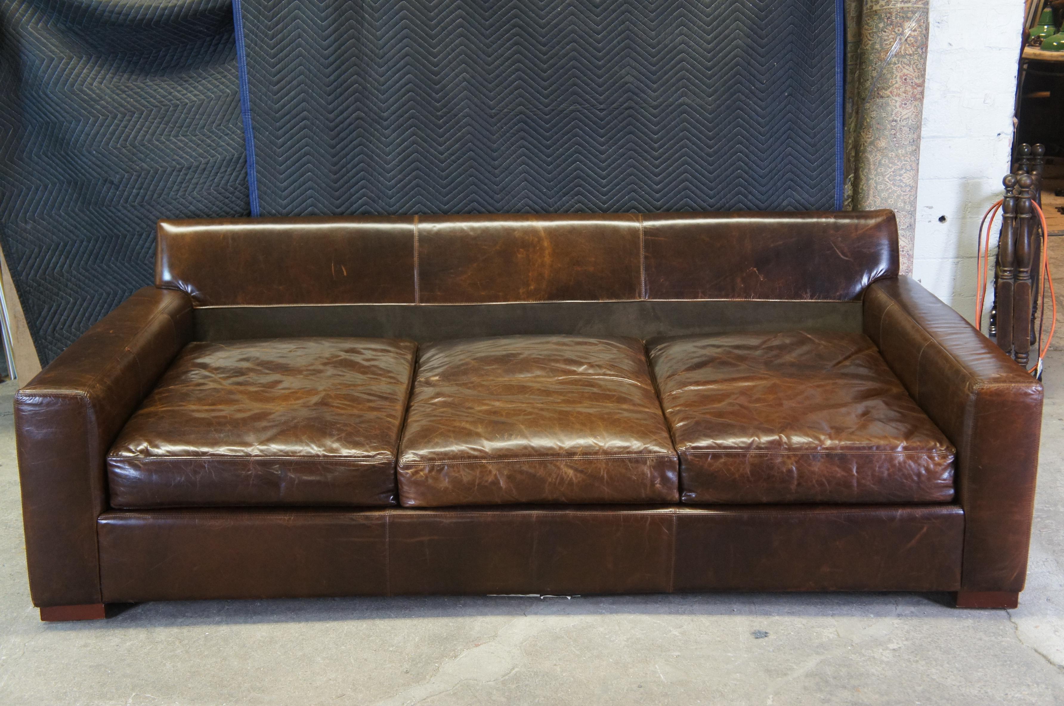 Restoration Hardware Maxwell Sofa Cocoa Brown Leather Minimalist Track Arm Couch 2