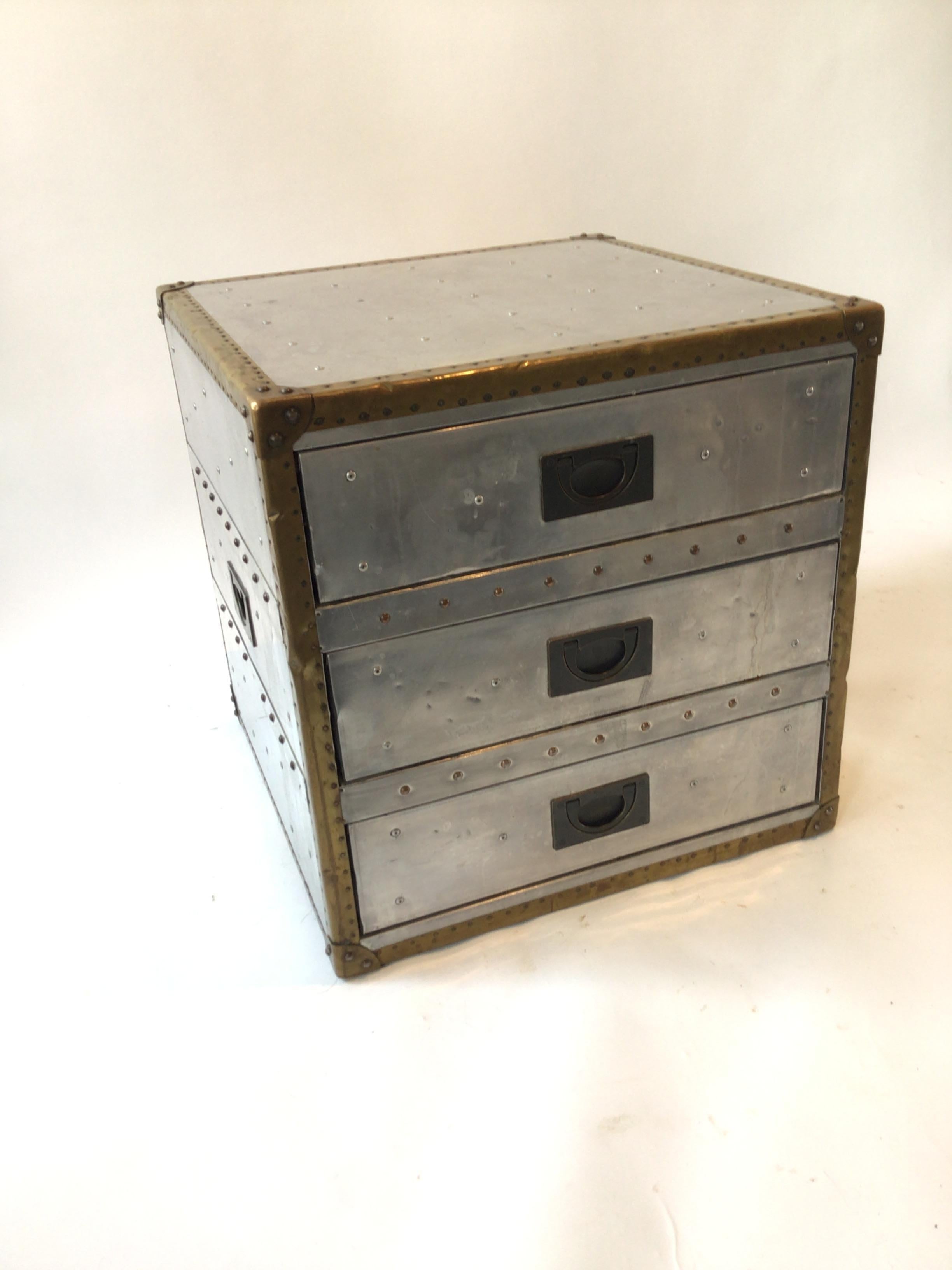 Restoration hardware metal campaign style end table.
