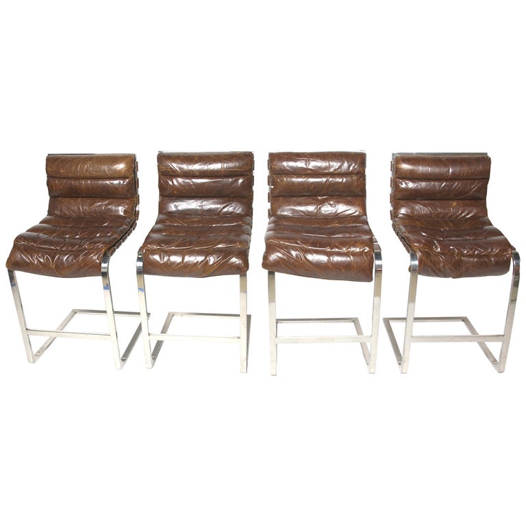 Restoration Hardware Oviedo Brown Leather Bar Stools, Set of 4 at 1stDibs