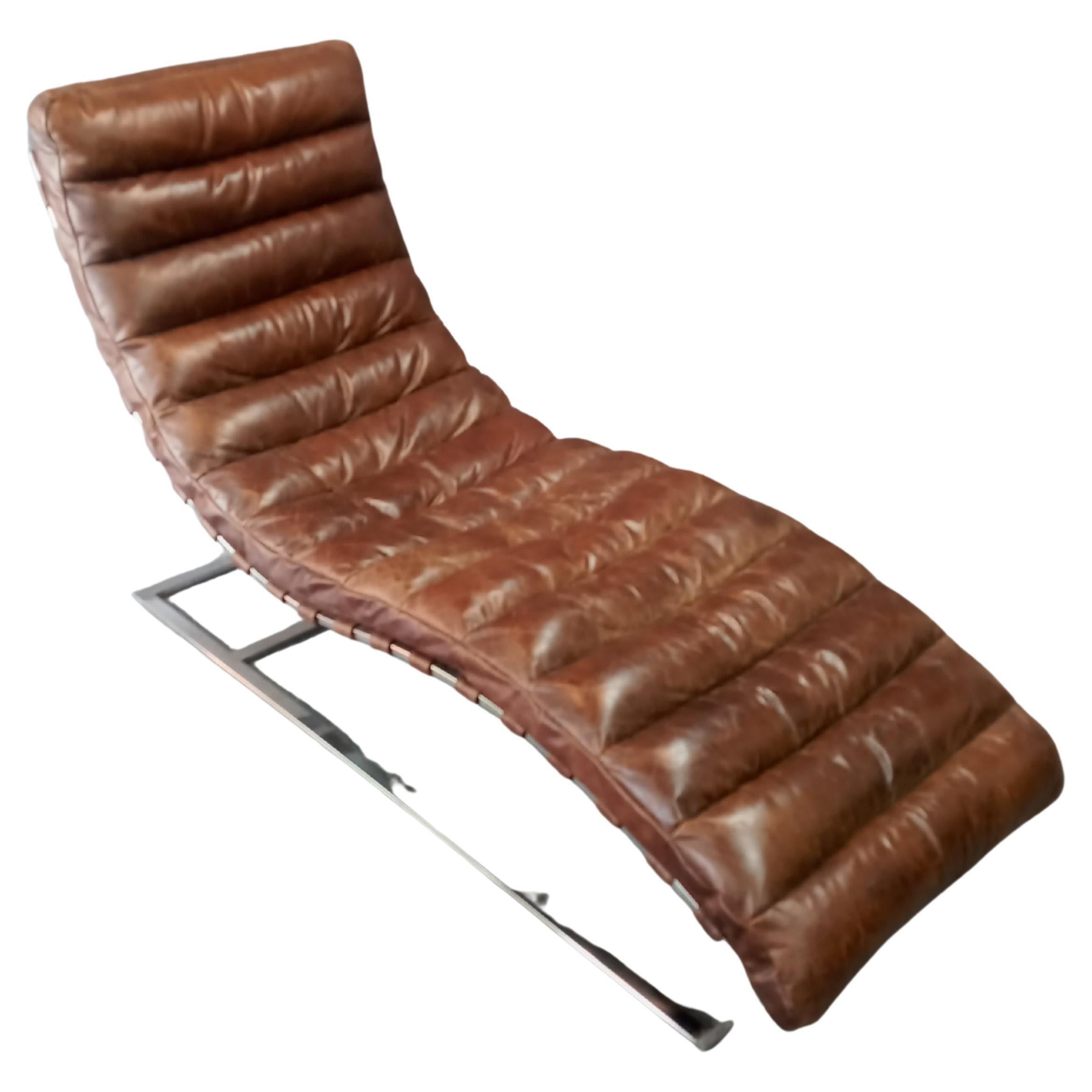 Contemporary Restoration Hardware Oviedo Leather & Chrome-Frame Chaise Lounge Chair