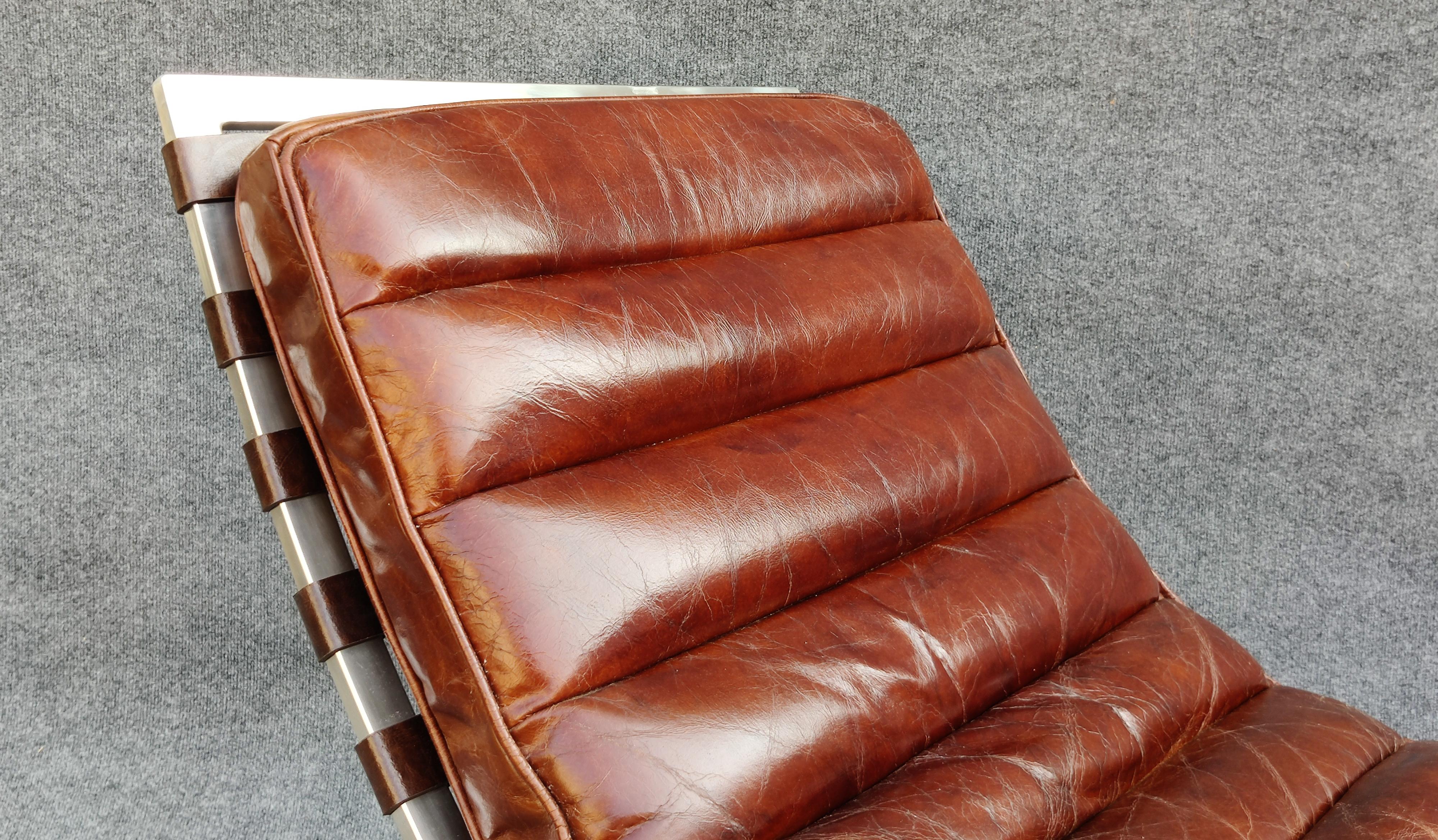 Restoration Hardware Oviedo Medium Brown Leather Chrome Frame Chaise Lounge  1