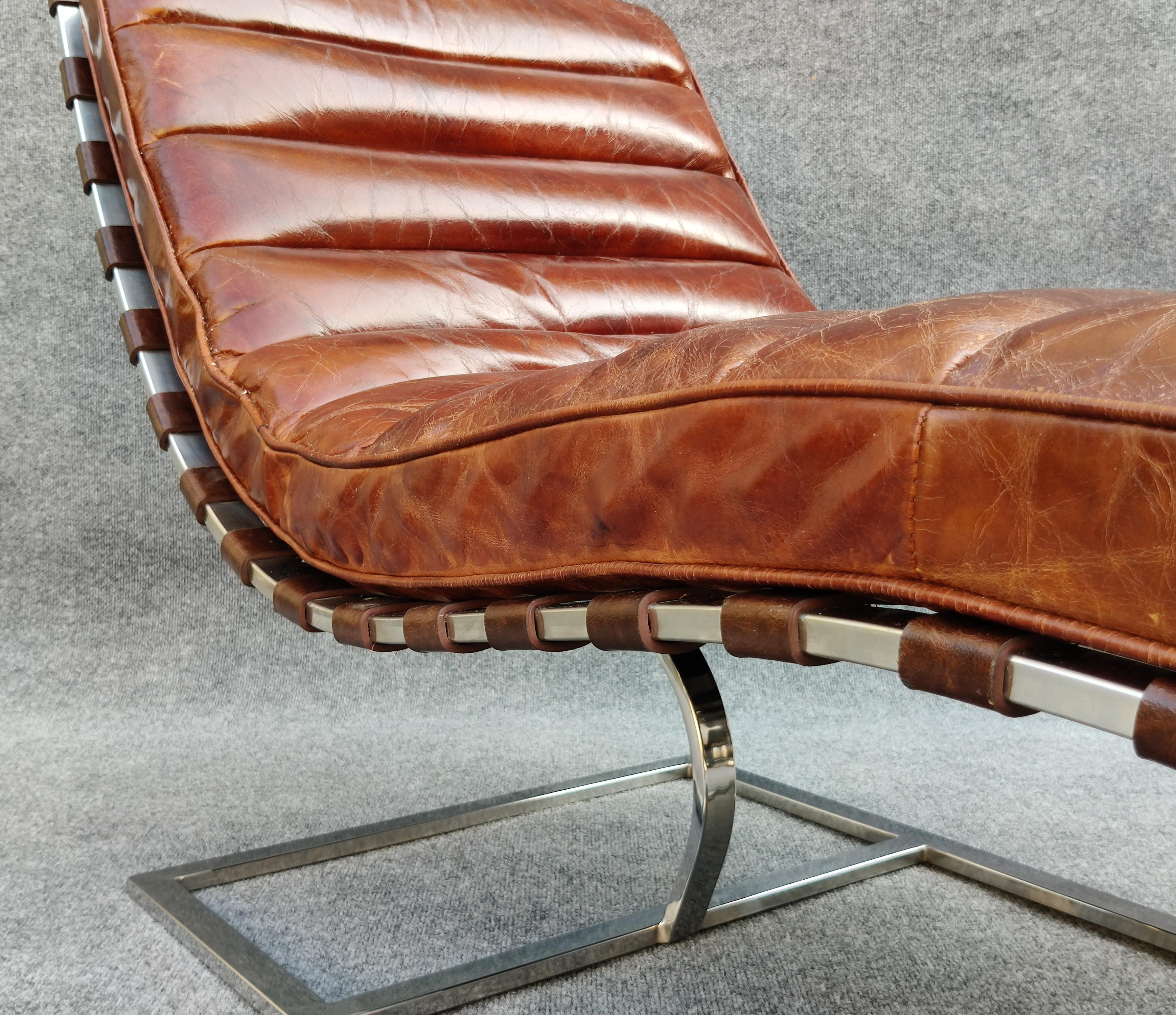 Restoration Hardware Oviedo Medium Brown Leather Chrome Frame Chaise Lounge  2
