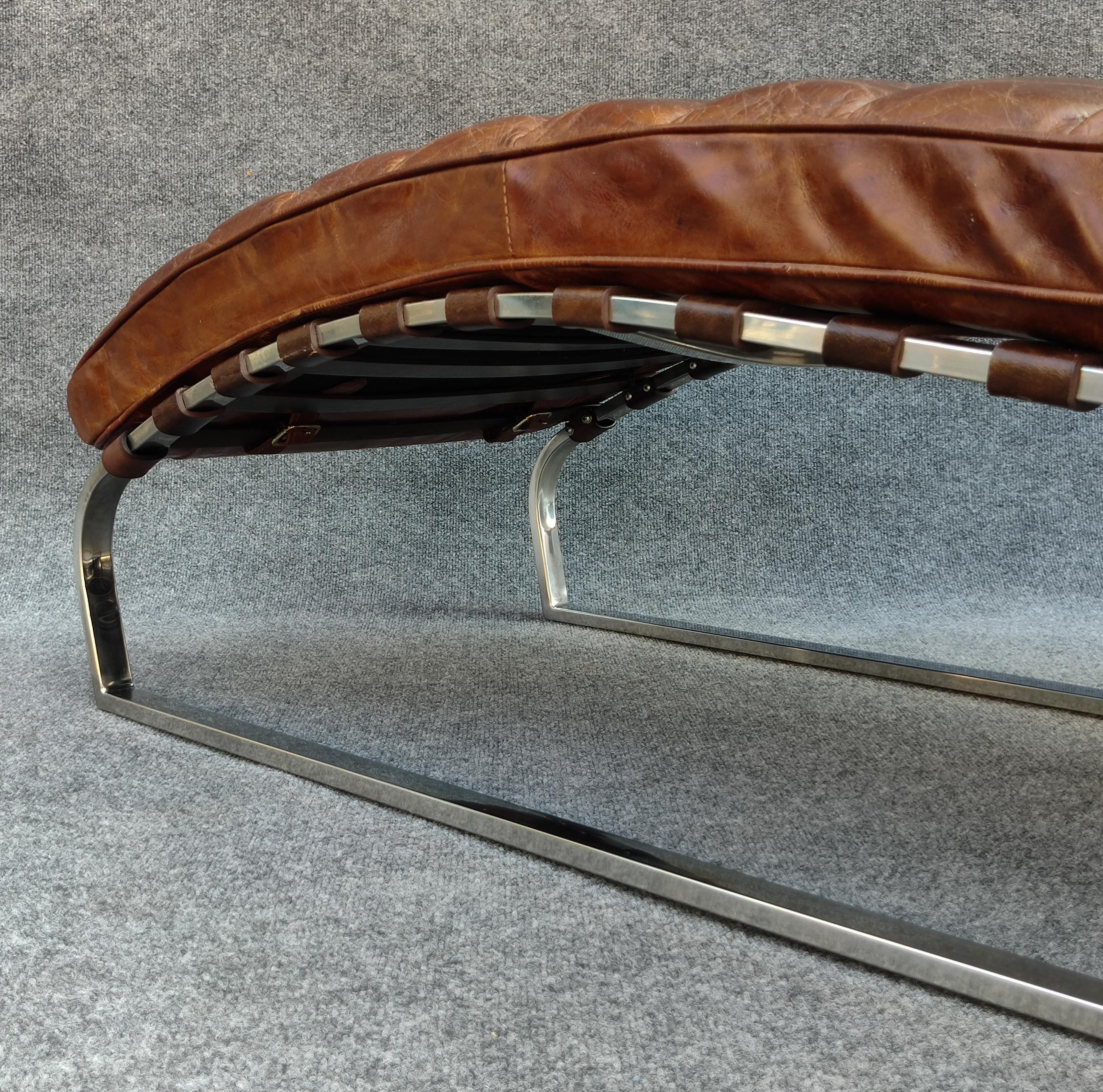 Restoration Hardware Oviedo Medium Brown Leather Chrome Frame Chaise Lounge  3