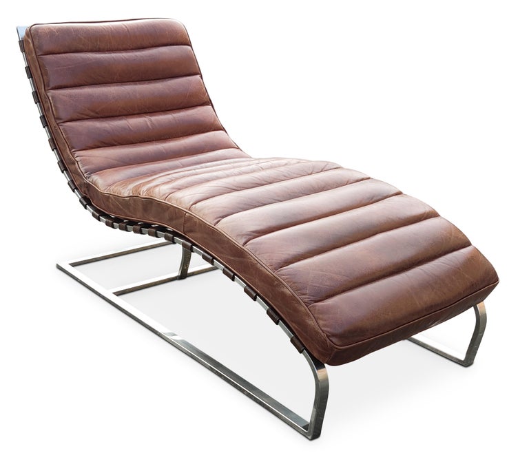 Restoration Hardware Oviedo Medium Brown Leather Chrome Frame Chaise