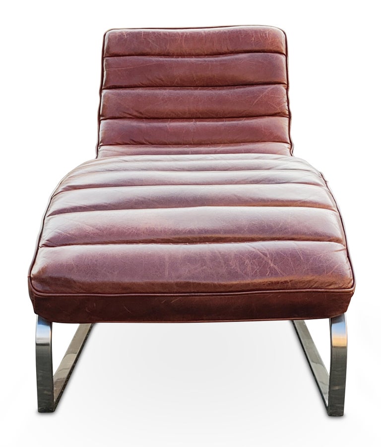 Restoration Hardware Oviedo Medium Brown Leather Chrome Frame Chaise