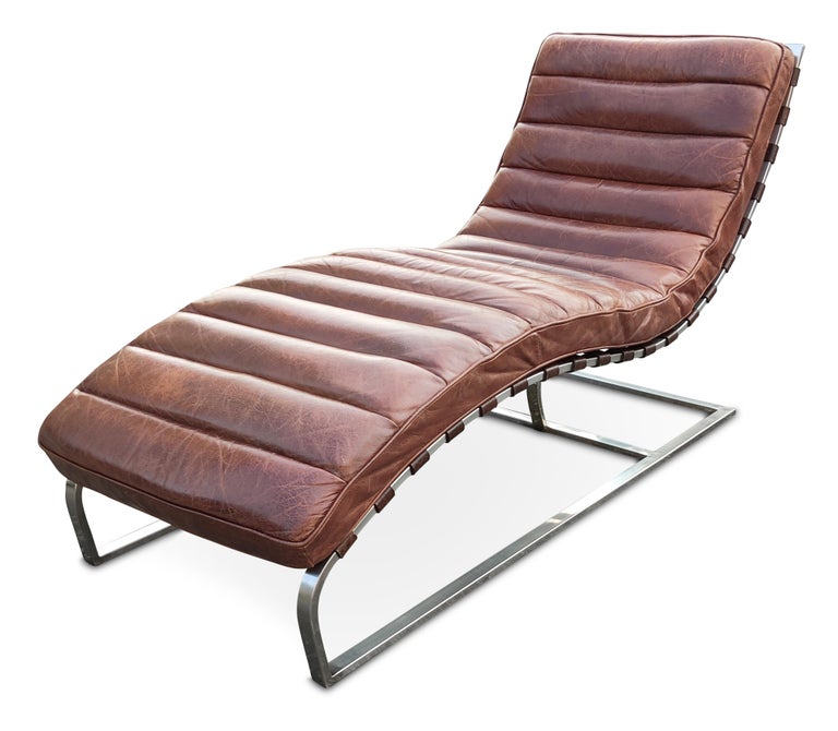Restoration Hardware Oviedo Medium Brown Leather Chrome Frame Chaise